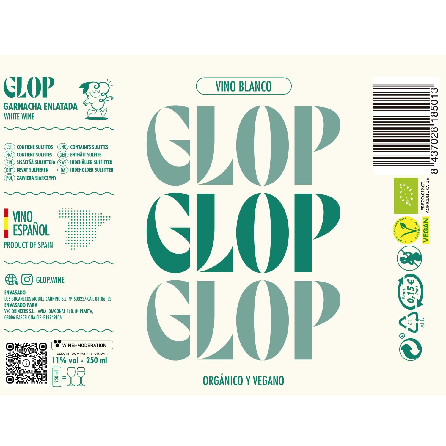 GLOP Vino Blanco Orgánico y Vegano Garnacha Blanca en Lata 250ml Pack 12 | Ecológico CCPAE | Fresco y Aromático | 11% Vol | Origen España
