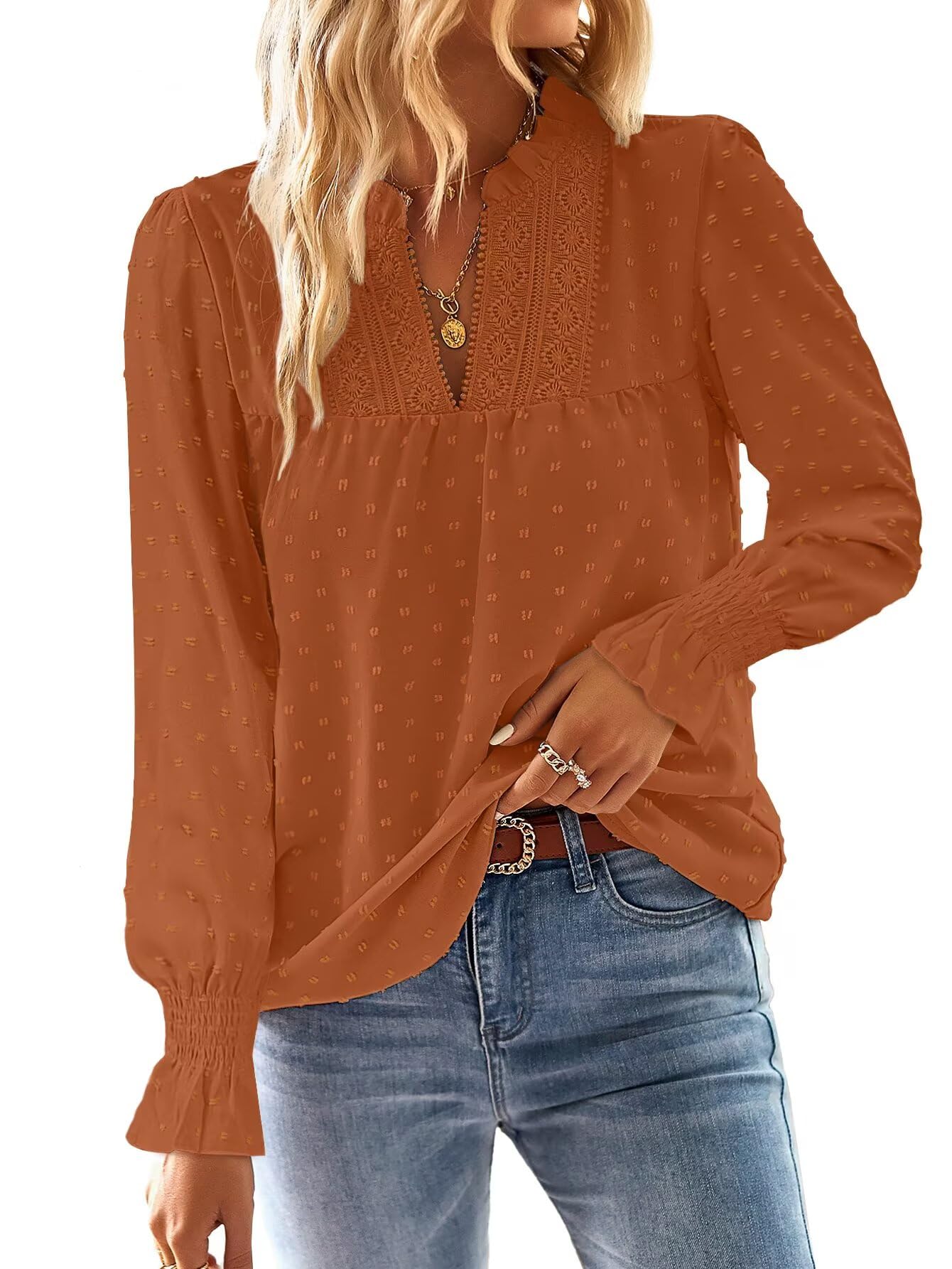 TUUHAW Langarmshirt Damen Herbst Boho Top Oberteile Fließend Elegant V-Ausschnitt T Shirt Süß Lässig Outfits Frühling Winter Longshirt Spitze Kleidung Paspel Volant