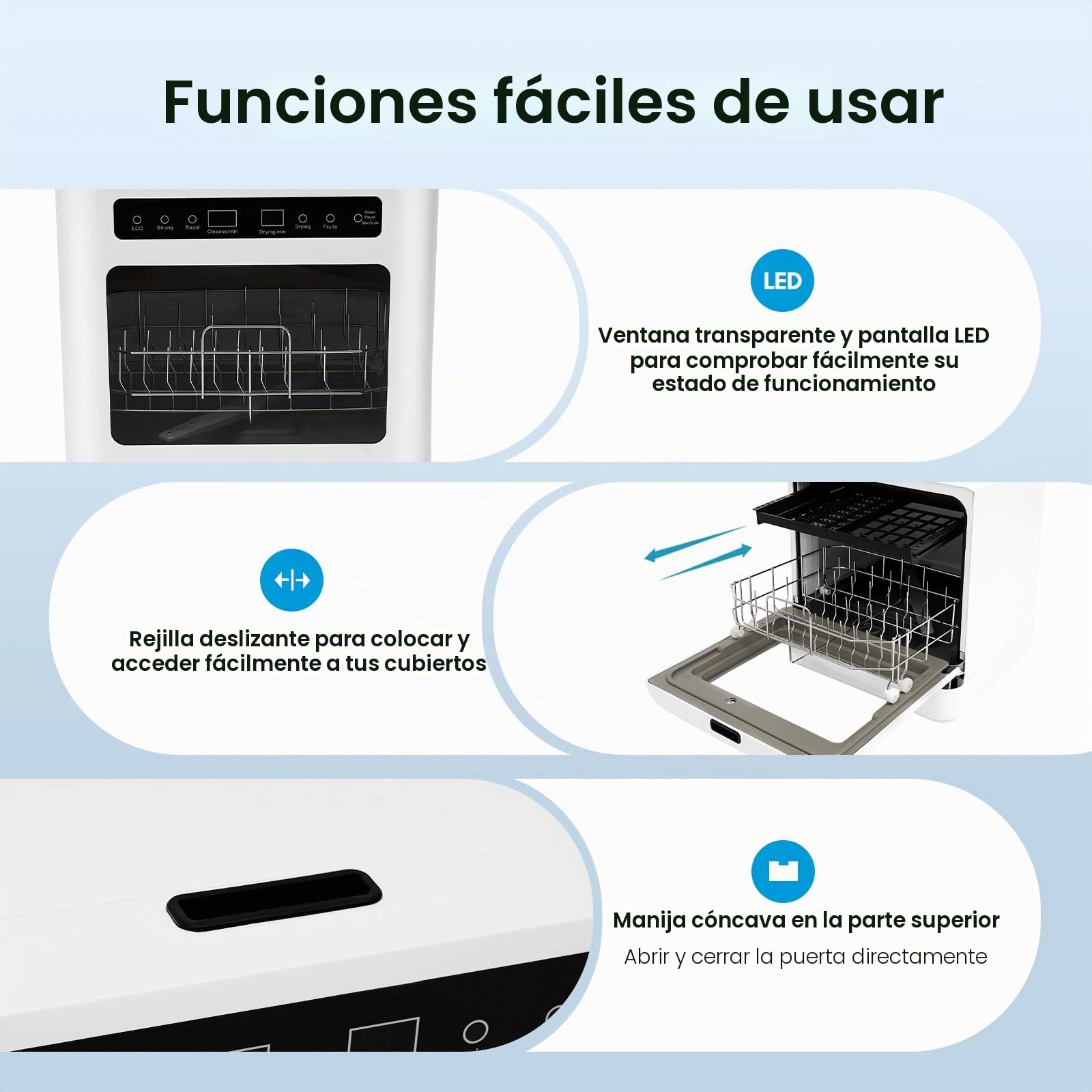 Lavavajillas compacto de mesa, 800 W, 6 L, mini lavavajillas con 6 cubiertas, 4 programas, 72 °C de alta temperatura, pantalla LED y control táctil para apartamento