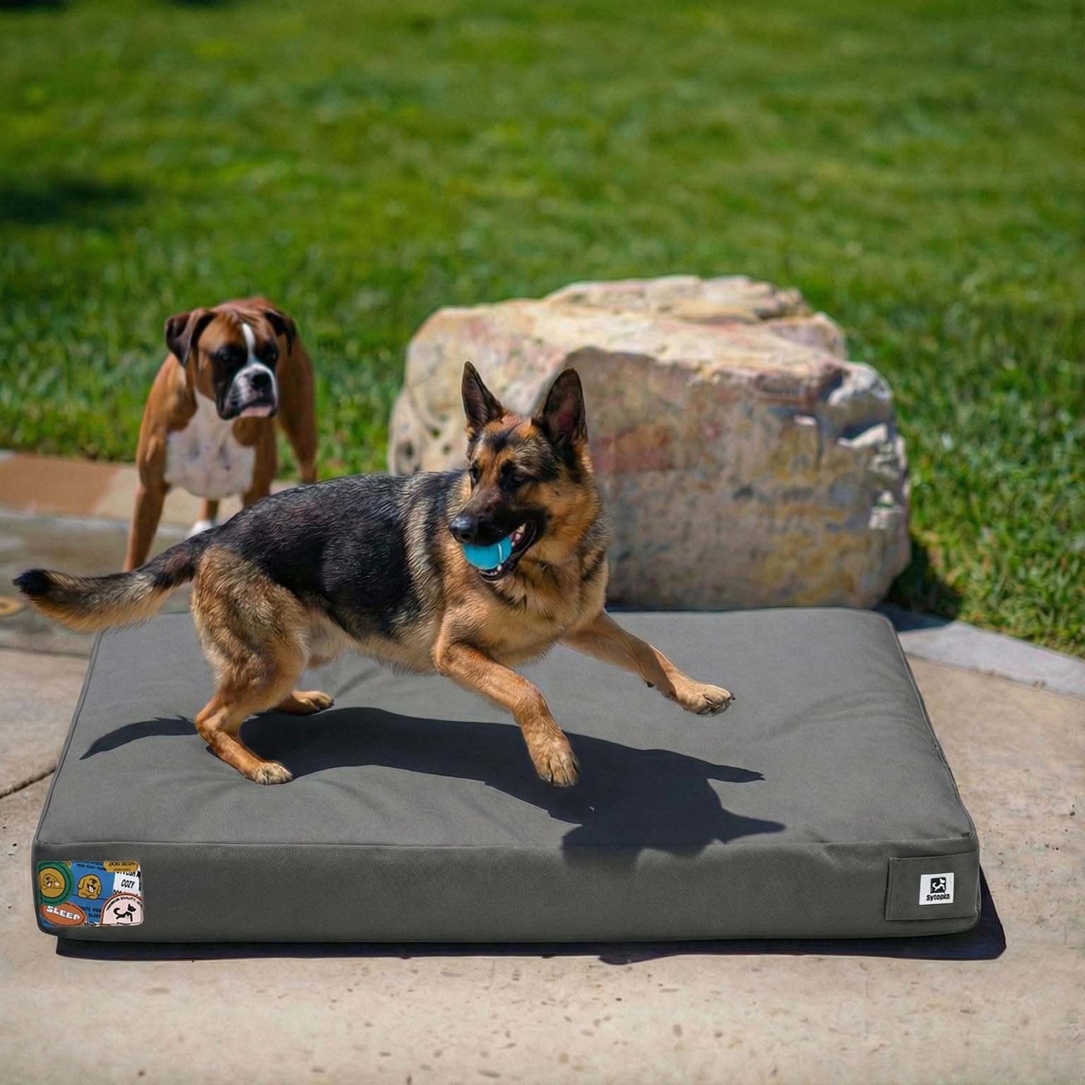 Sytopia Waterproof Canvas Indestructible Outdoor Dog Bed, 42 Inch Chew Proof Dog Bed for Extra Large Dogs, Washable Removable Cover, Indoor Outdoor Patio Pet Pad, Dark Grey