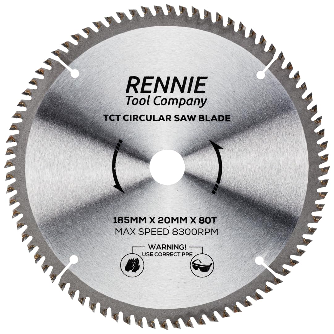 185mm x 20mm Bore x 80T TCT Saw Blade. 185mm Circular Saw Blade For Fine Cuts x 20mm Bore + 16mm Bore Reduction Rings Fits Evolution Bosch Makita Ryobi Dewalt Circular Saws Etc