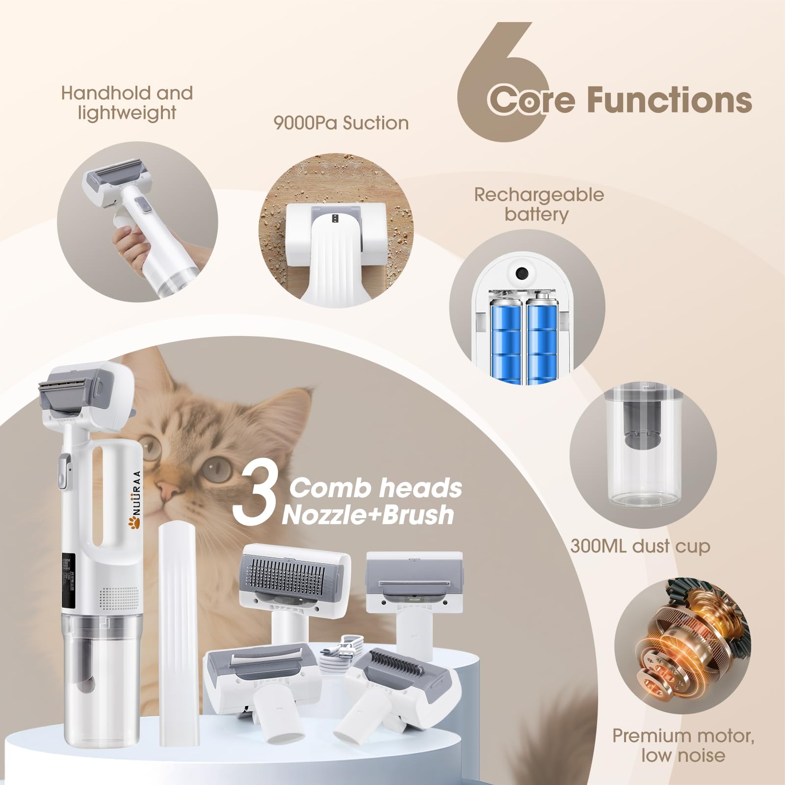 Cats Dogs Grooming Vacuum Kits -Cordless Handheld Fur Remover with 5 Tools Dematting Shedding Brush and Crevice,Rechargeable - Image 2