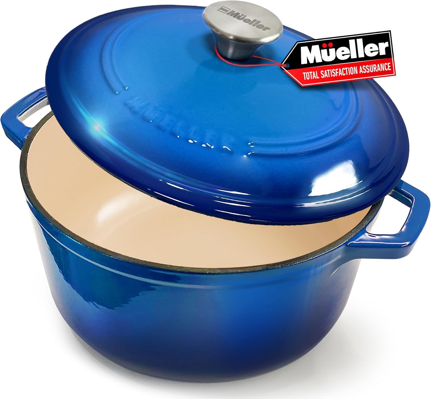 Mueller 6qt Enameled Cast Iron Dutch Oven, Heavy-Duty Casserole and Braiser Pan with Lid and Knob, Oven-Safe up to 500° F & Across All Cooktops, Aqua Blue