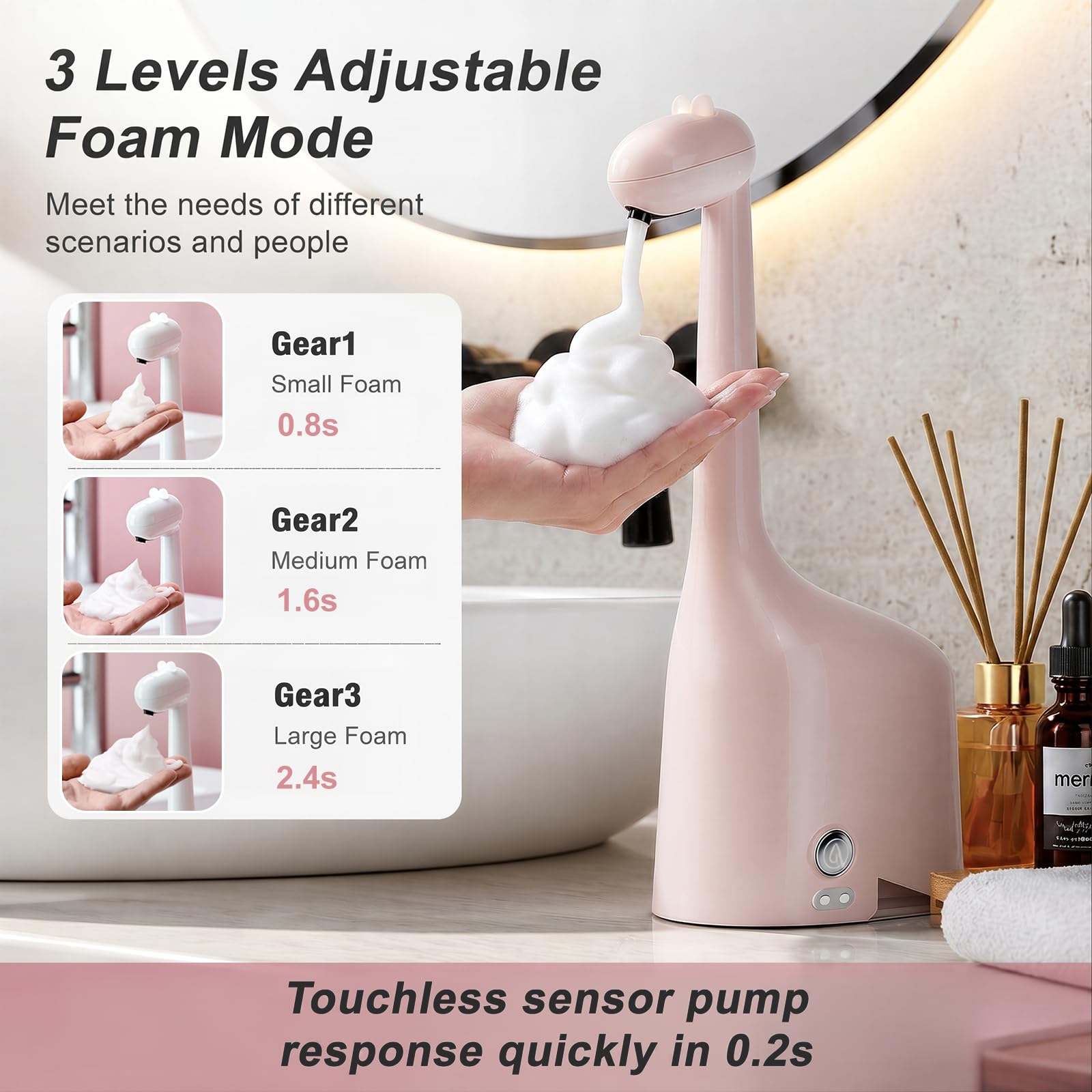 Dispenser automatico di sapone a forma di dinosauro, senza contatto, ricaricabile, 300 ml, schiuma regolabile a 3 livelli, impermeabile IPX5, per bagno, cucina, hotel, ristorante, rosa