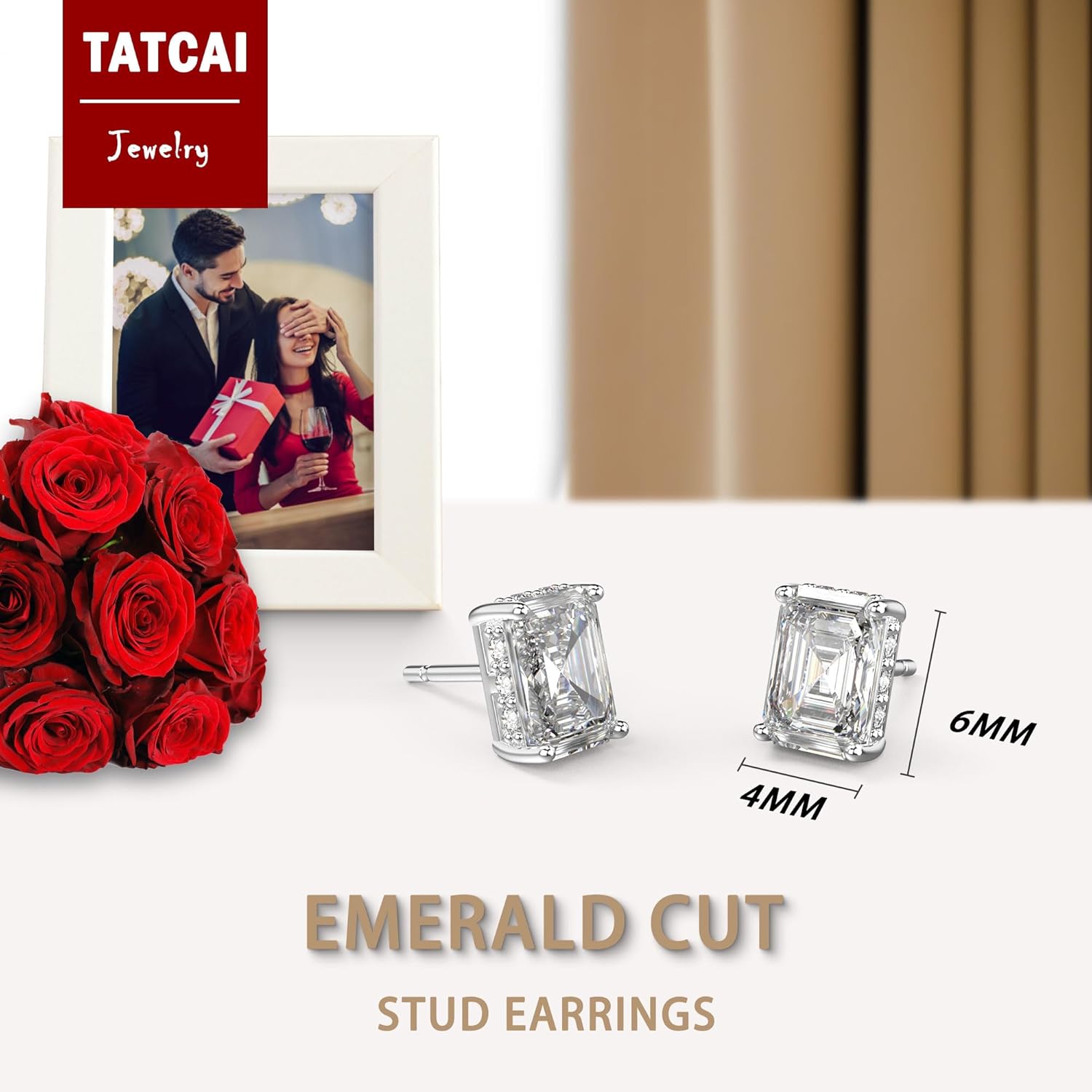 18K White Gold Plated Sterling Silver Emerald Cut Cubic Zirconia Stud Earrings Clear CZ Diamond Stud Earrings for Women Men Hypoallergenic - Image 5