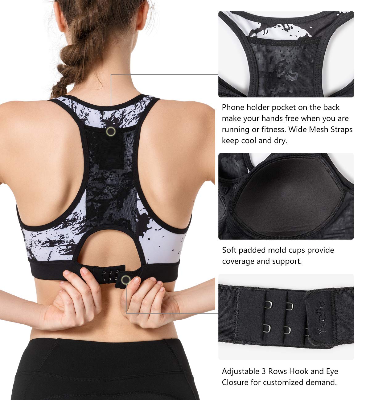 Yvette Damen Racerback High Impact Sport-BH mit Gesäßtasche, Lauf- und Workout-BH - Schwarz - M+