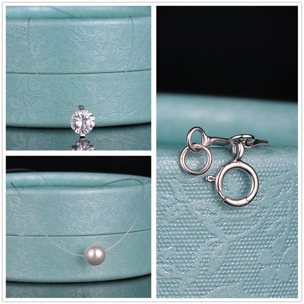 Yumilok Set di 2 collane in nylon, ciondolo in argento Sterling 925, con zircone, con perla, ciondolo per donna e ragazze