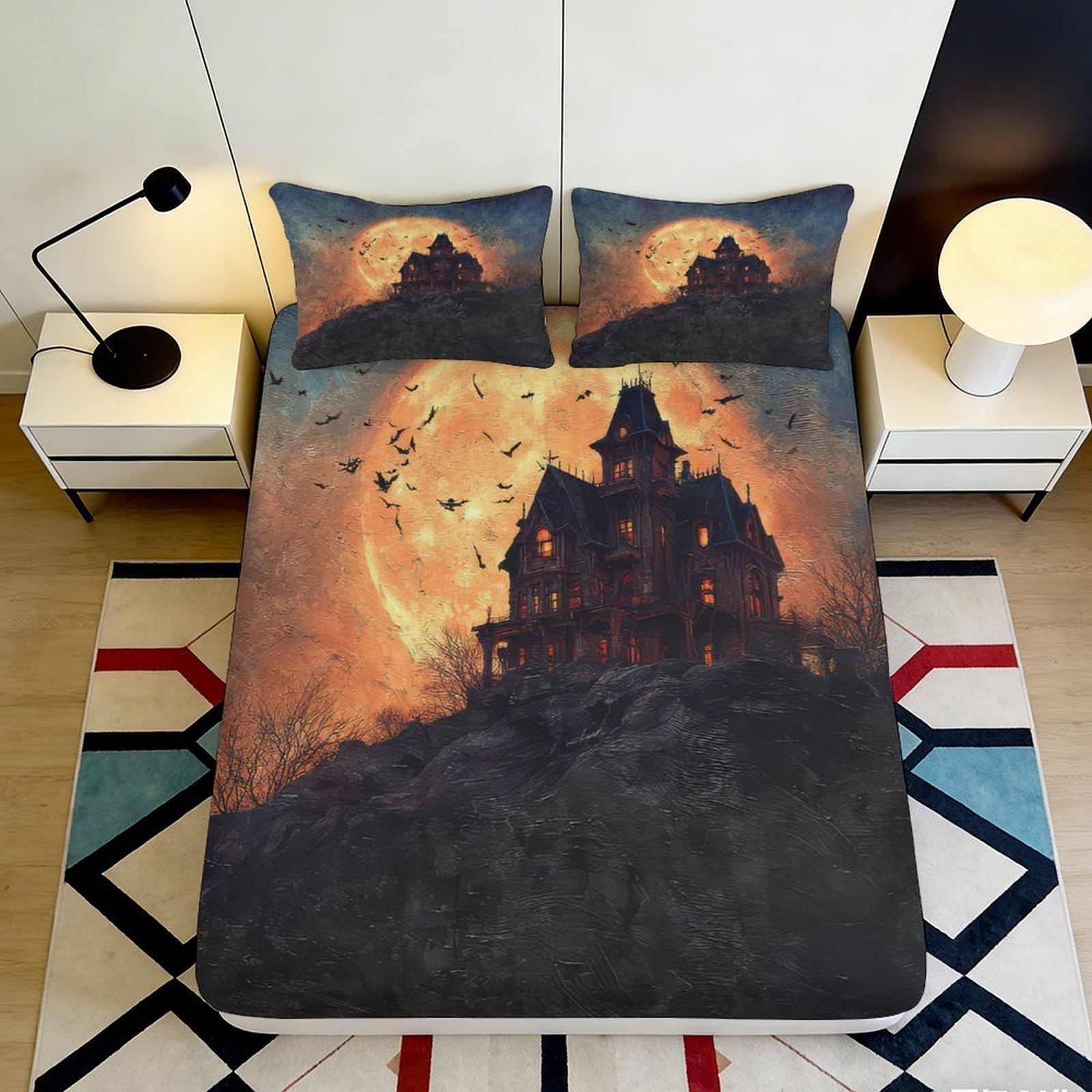 3D Printed Haunted House Moon Fitted Sheet Microfiber Soft Bedroom Decor Gothic Mansion Mattress Cover 120x200cm 140x200x25cm
