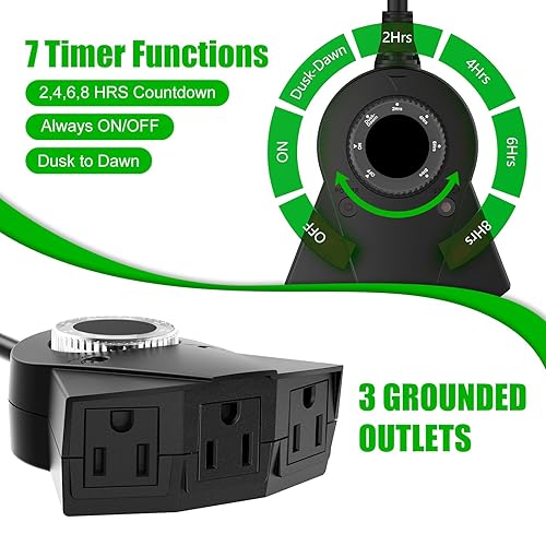 Miniatura 5 de Temporizador de luz para exteriores impermeable, temporizador de enchufe de 24 horas con modo de cuenta regresiva de 2, 4, 6 u 8 horas, 3 tomas