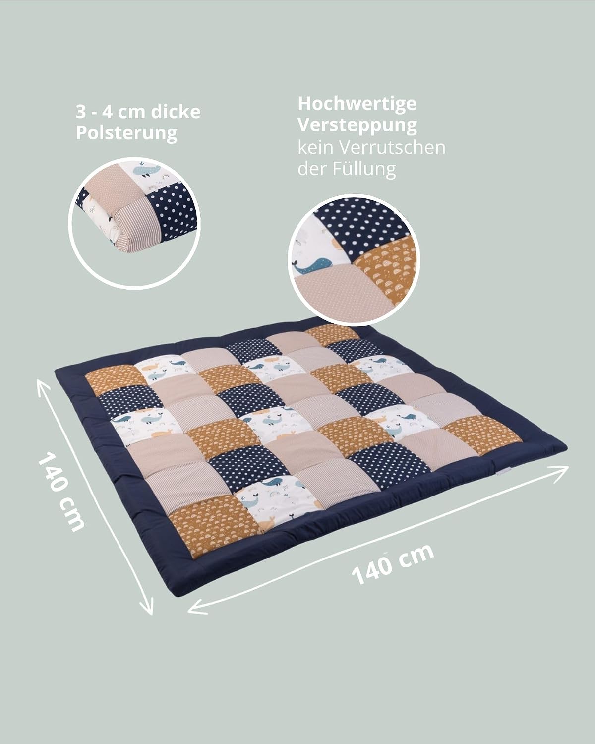 Ullenboom Crawling Blanket for Baby 140 x 140 cm, 100% Oeko-Tex Materials, Made in the EU, Thick and Soft Padded, Whales - Ideal as a Baby Blanket, Crawling Mat and Baby Play Blanket Whales 140 x 140 cm