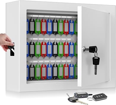 75 Keys White Key Lock Box Wall Mount with Key Tags & Numbered Hooks | Mechanical Lock, Key Drop Slot, Solid Alloy Steel Construction, Key Storage Box for Car Garage Home Rental Office Business