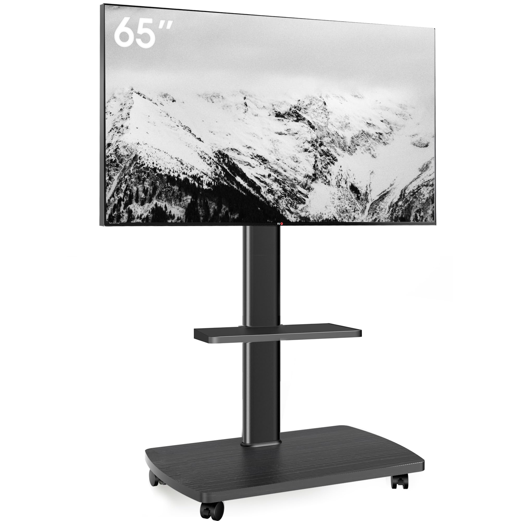 AOKCOS TV Ständer Rollbar mit Holzablage Regal, Fernsehständer auf Rollen für 32-65 Zoll, bis 40 kg, VESA 400x400mm (Schwarz)