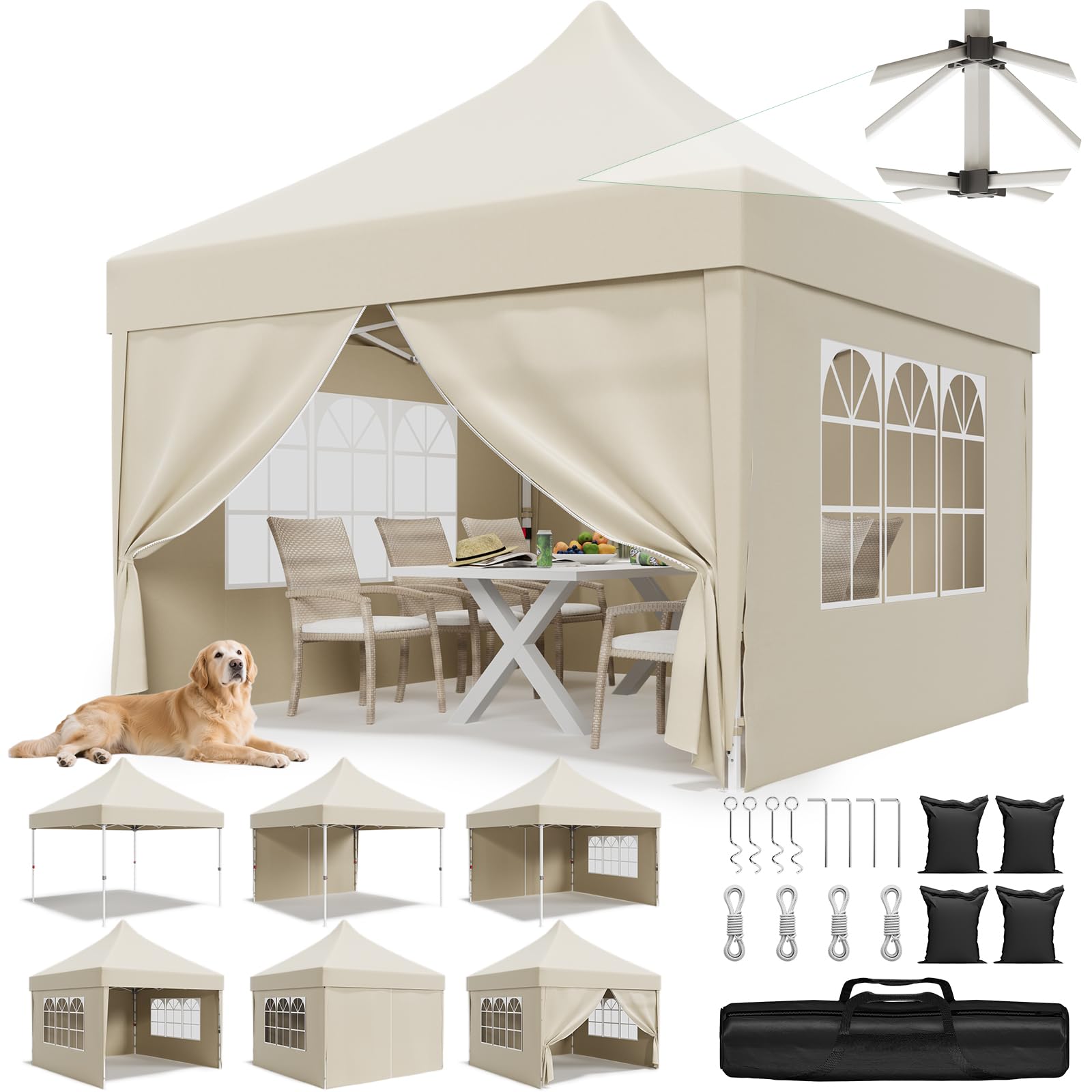 JUMMICO Tonnelle 3x3m Pliante +10cm Hauteur Intérieure - Beige | Toile Oxford Imperméable, Robuste et Durable - Tente de Fête Élégante - Idéale Jardin, Camping et Fêtes