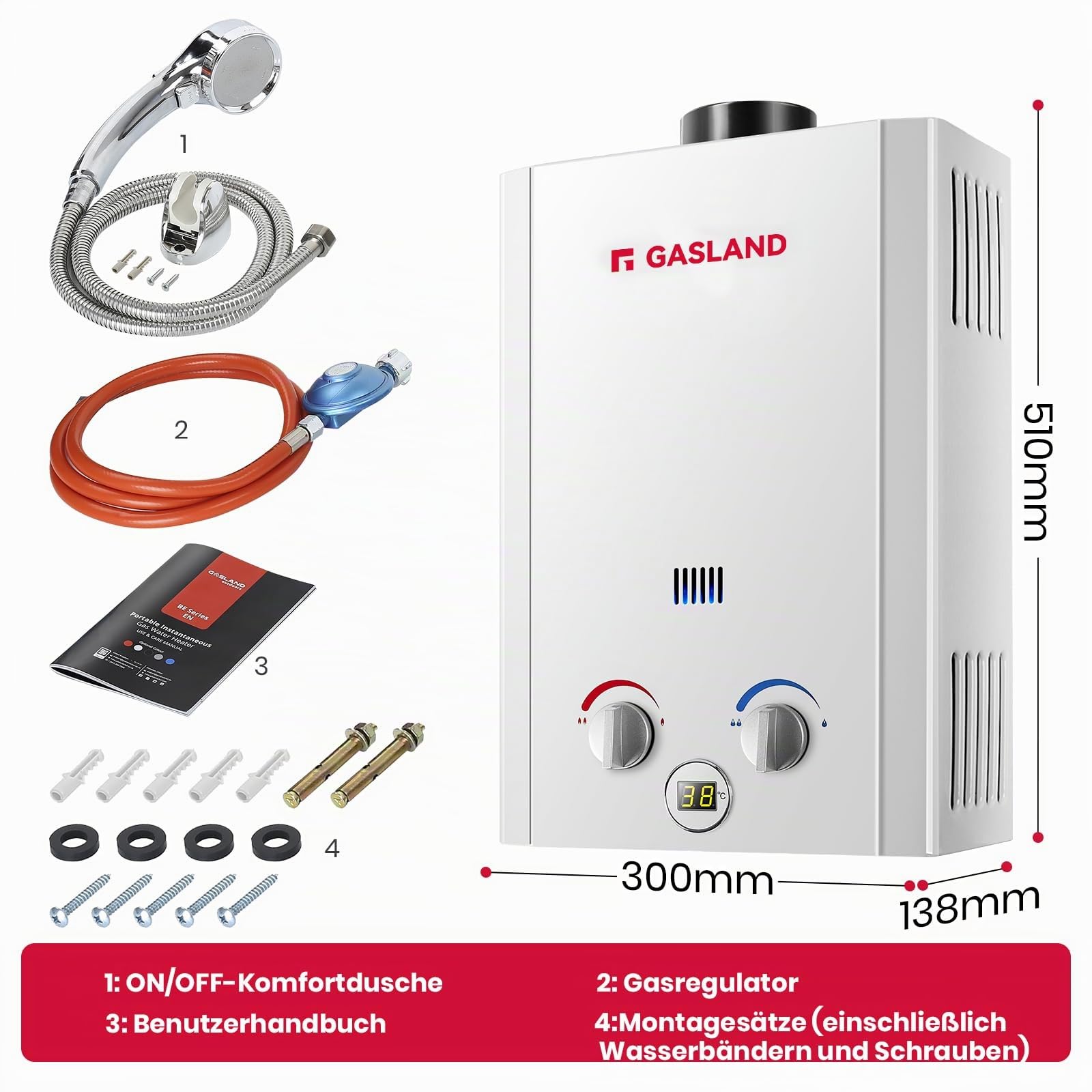 GASLAND BE264 Gas Durchlauferhitzer Propangas 10 Liter Camping Durchlauferhitzer Gastherme 50mbar Campingdusche Warmwasser mit Überhitzungsschutz für Wohnmobil Hütte Scheune