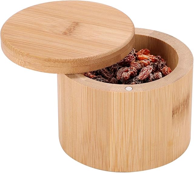 Spice Storage Box, Wooden Bamboo Salt Spice Storage Box with Swivel Lid Container for Kitchen Storage Seasoning Jar