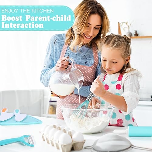 Miniatura 6 de Juegos de cocina para niños, juego de cocina y hornear con estuche de almacenamiento, cuchillos seguros para niños, tabla de cortar, delantal, libro