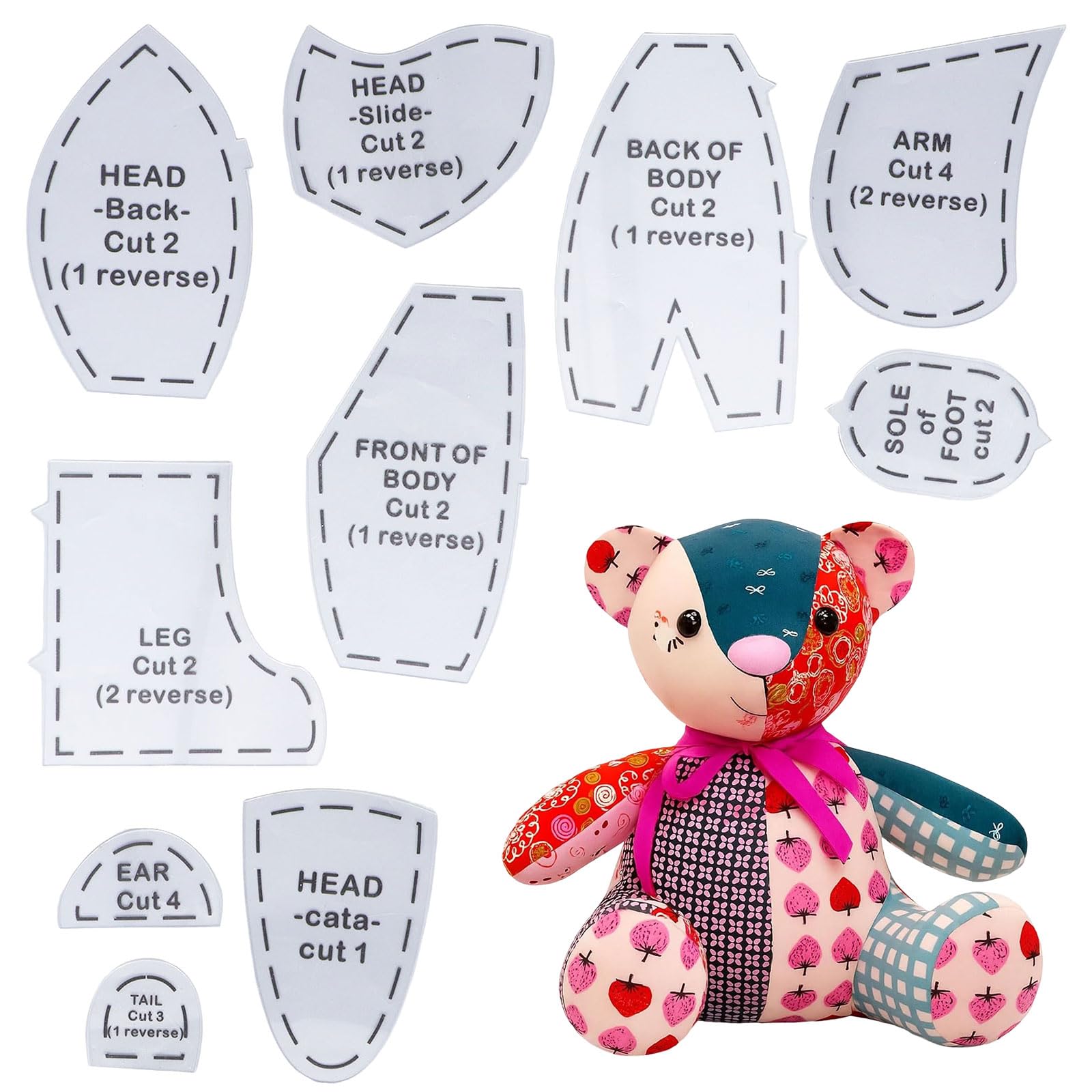 Memory Bear Sewing Pattern Kit for Beginners - 15 Inch Reusable Acrylic Template Set with Easy Guide Instructions, Perfect for Creating Keepsake Teddy Bears & Rag Dolls from Fabrics (15Inch)