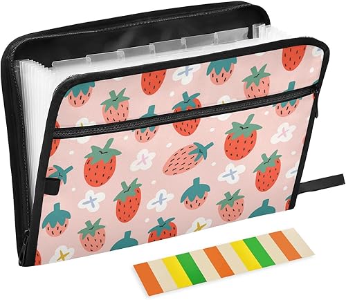 Carpeta de archivo expandible de fresa roja, carpeta de archivo de acordeón de estrellas doradas de dibujos animados, tamaño A4, bolsillos de