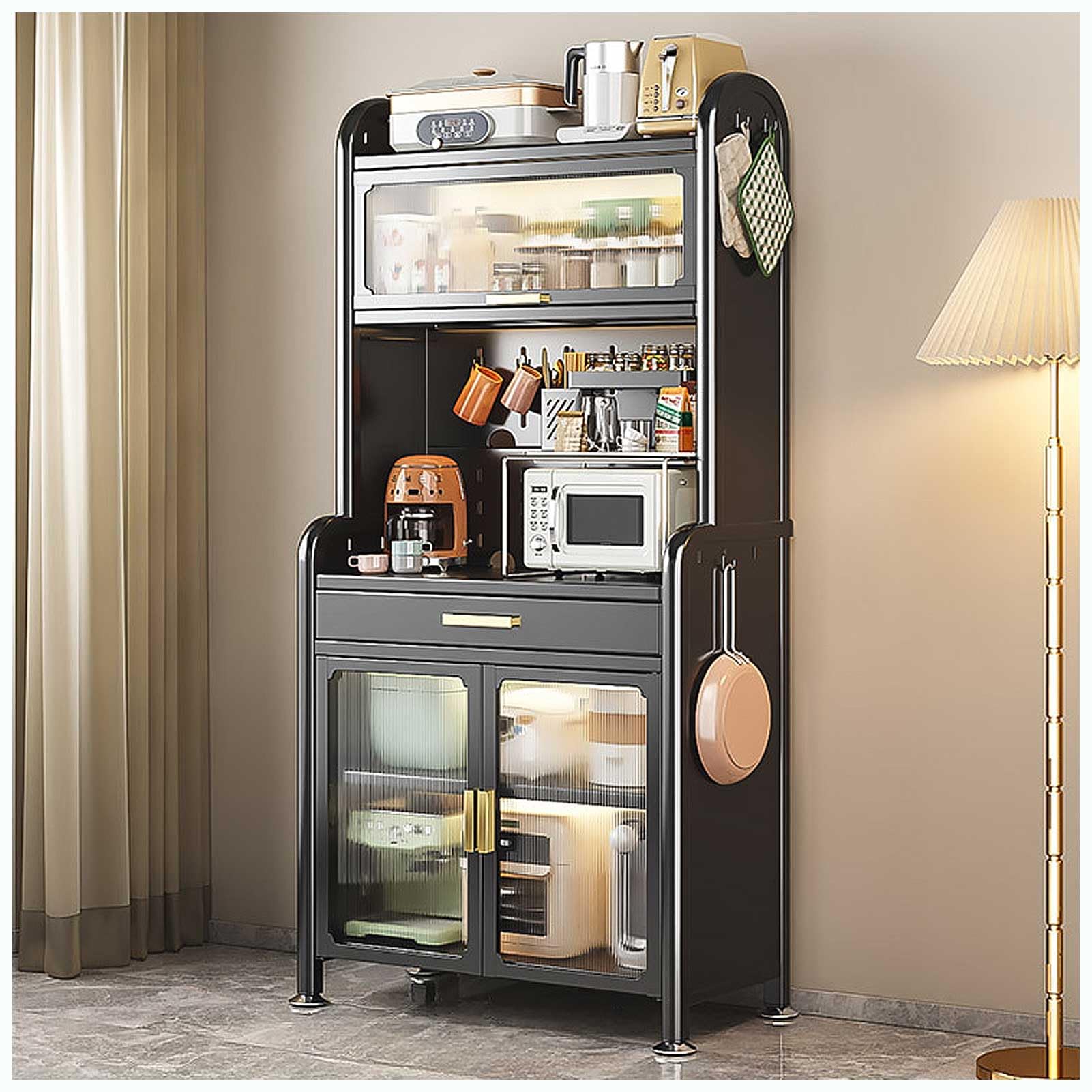 Scaffale da cucina regolabile a 5 ripiani, nero, per microonde e buffet, 177,8 x 60 cm, con cassetto, per dispensa e sala da pranzo
