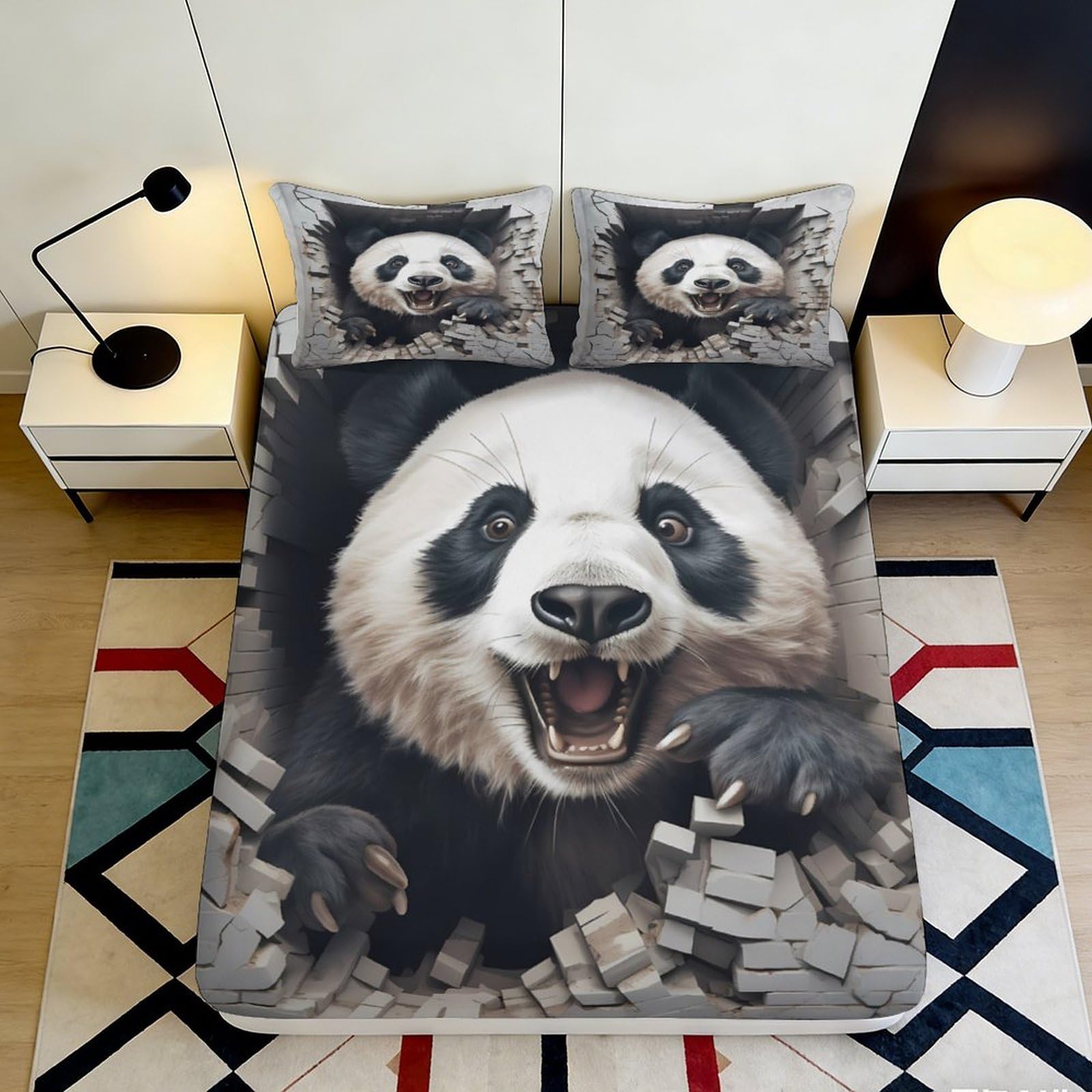 Uynsixtme Style-10 3D Printed Panda Fitted Sheet Microfiber Non-Slip Deep Pocket Panda Mattress Fitted Cover Washable Bedroom Bedding 140X200x25cm