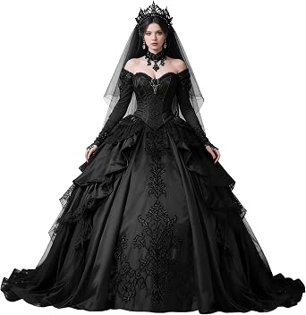 Mauuwy Satin Gothic Wedding Dresses for Women Black Appliques Brides Dresses Long Sleeves Puffy Corset Quinceanera Dress