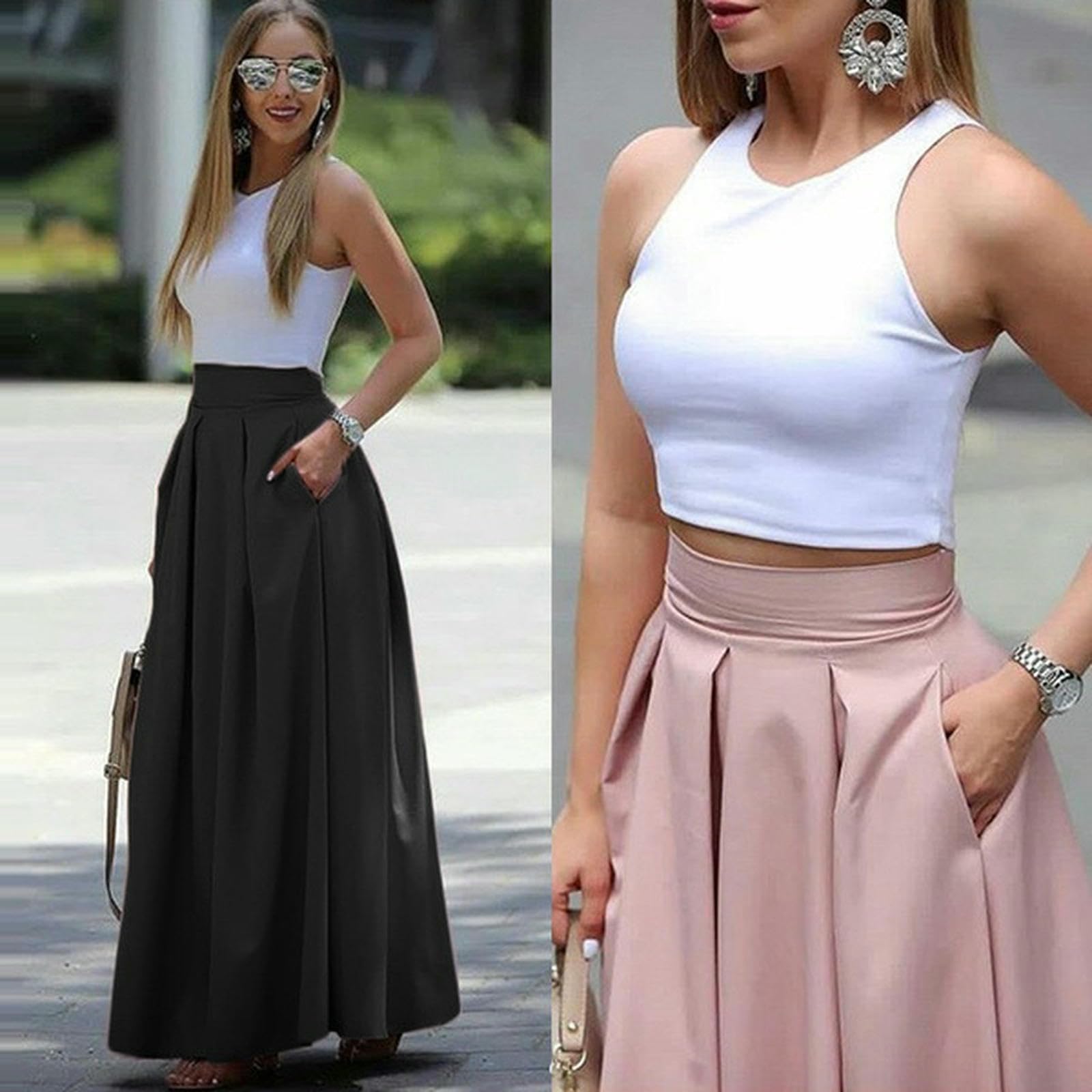 Spódnice plus size damska plisowana długa spódnica z wysokim stanem – elegancka spódnica na wiosnę i jesień do noszenia na co dzień i na formalne okazje