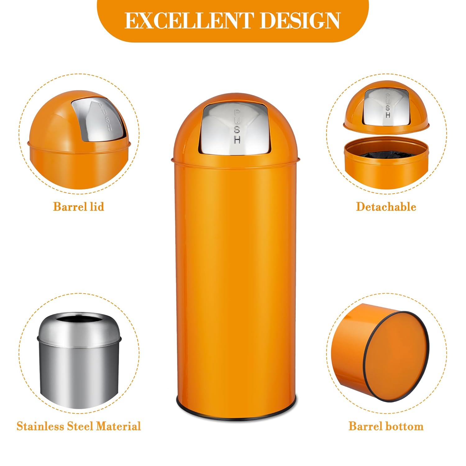 65L/17 Gallon Stainless Steel Trash Can with Square Push Lid, Heavy Duty Commercial Garbage Bin with Removable Inner Bucket, Large Waste Container for Home, Kitchen, Office, Restaurant, Bright Orange