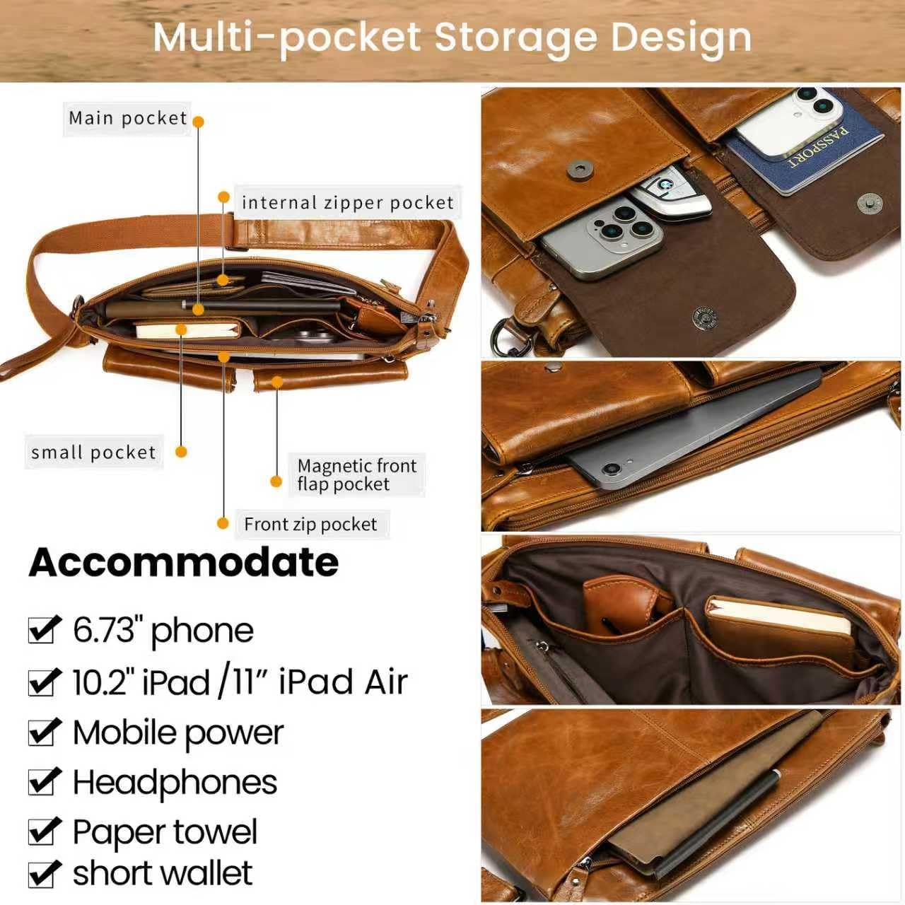Vintage Oil-Waxed Leather Sling Bag for Men Women, Fits 11-inch iPad Pro/Air - Retro Full Grain Cowhide Crossbody Bag, Multi-Pocket Daily Carryall & Wristlet Clutch for Travel, Walking, Work | Fits 11-inch iPad, Full Grain Leather, Triple Zip Pockets, Detachable Straps, Slim Retro Design