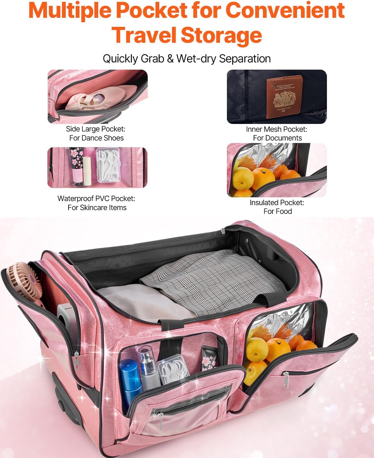 VEVOR Large Rolling Travel Duffle Bag with Wheels and Handle, USB Port, Privacy Protection Cover, 600D Oxford Fabric with Water-Proof Coating, for Travel and Competitions - Image 2