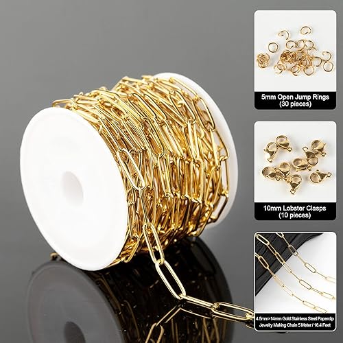 Miniatura 2 de YOUBEIYEE Cadenas de clip de acero inoxidable dorado de 16.4 pies para hacer joyas, collares, pulseras, tobilleras, cadena de eslabones soldados