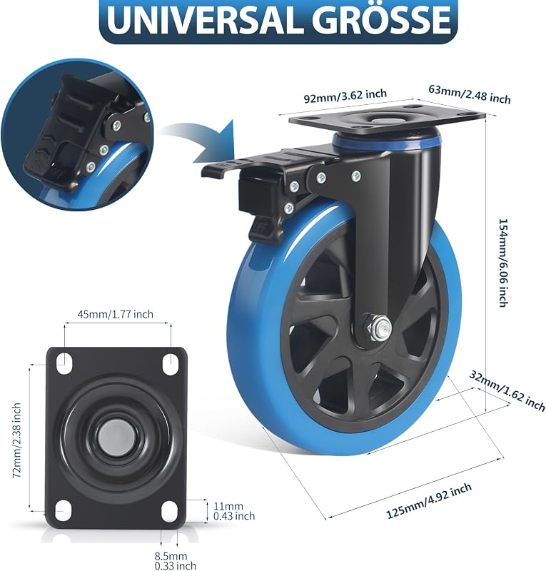 RRIUTO 125mm Forgókerék Fékes Görgő 800kg Teherbírás Bútor Szállítókerék