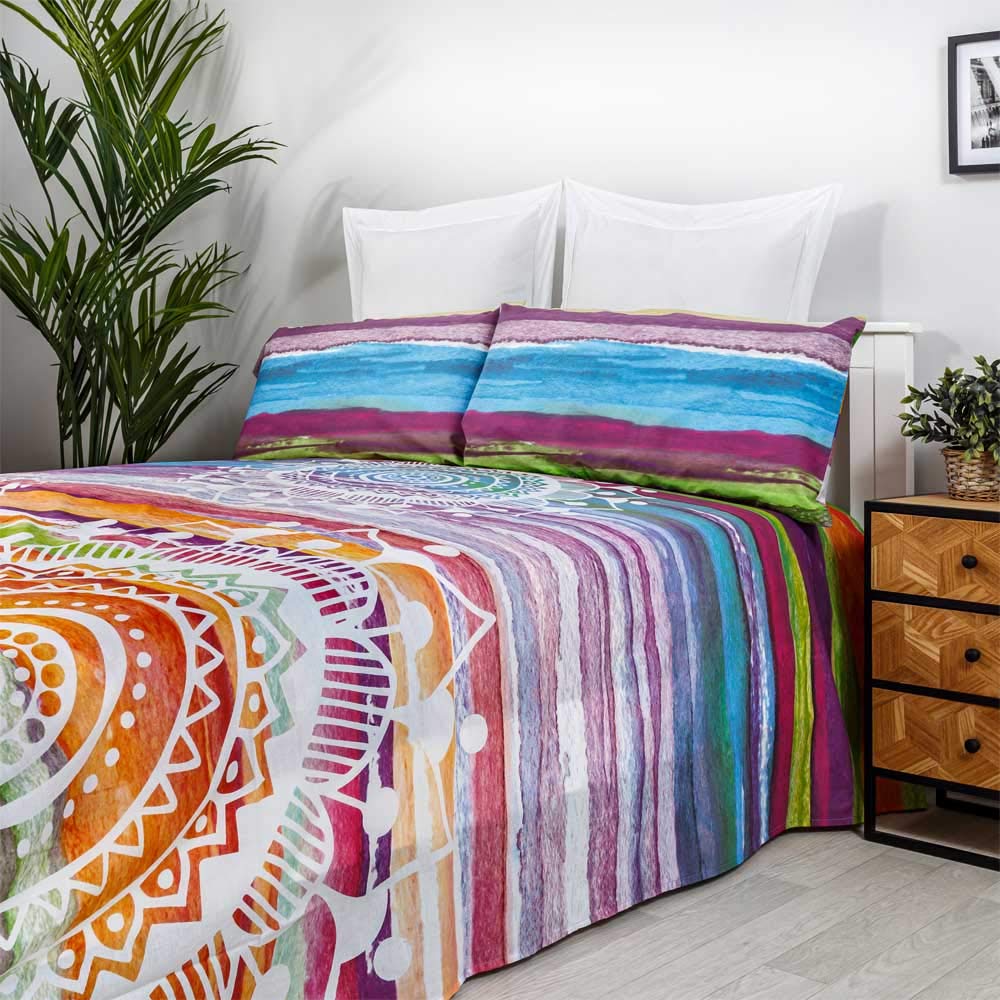 COTTON ARTean Juego de sábanas 150x190/200 poliéster-algodón MANDALA ACUARELA 4 piezas: Encimera, 2 Fundas Almohada, Bajera Ajustable