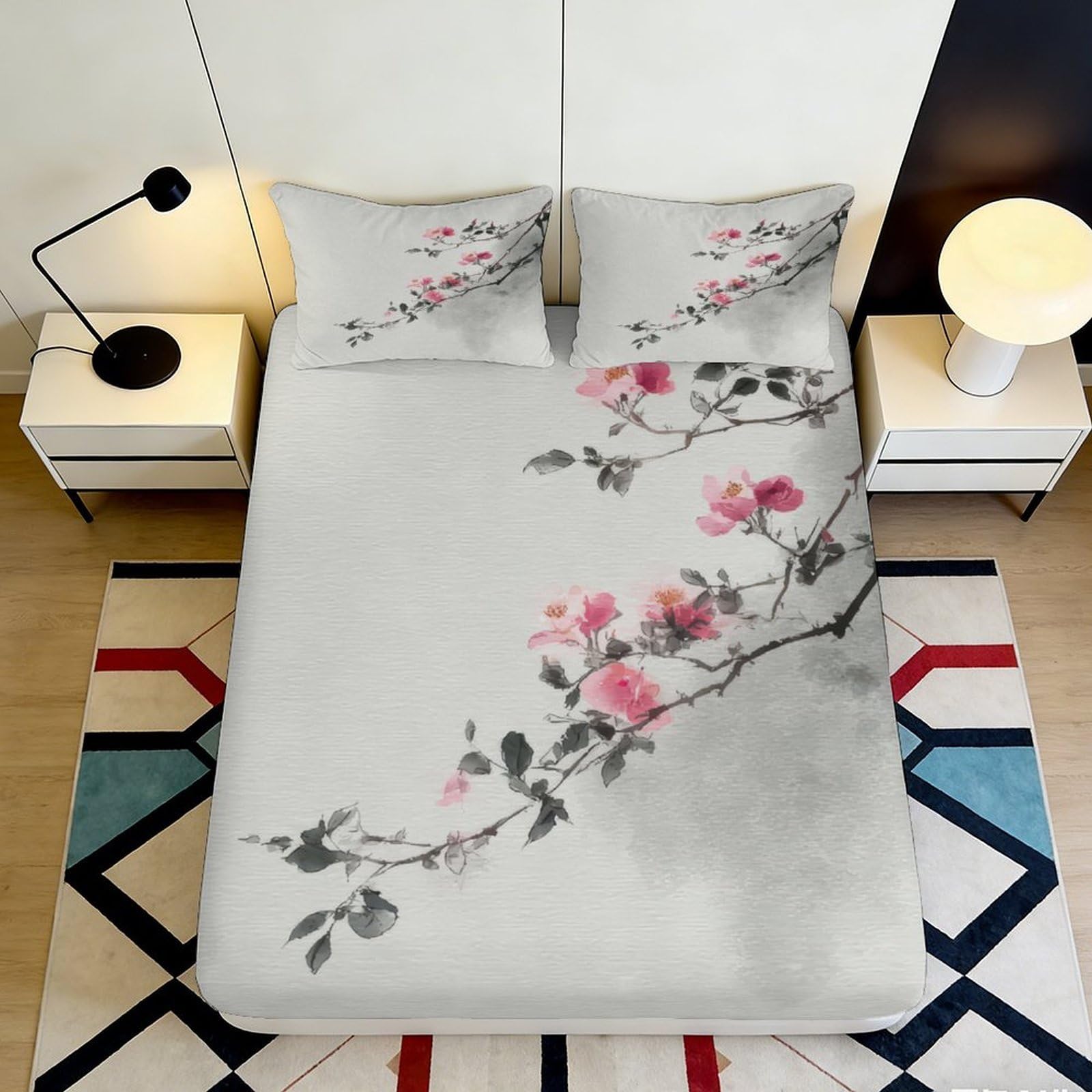 3D Printed Cherry Blossom Fitted Sheet Microfiber Soft Breathable Floral Branch Bed Cover for Bedroom Dormitory Guest Room Mattress Protection Decor 90x200x25cm