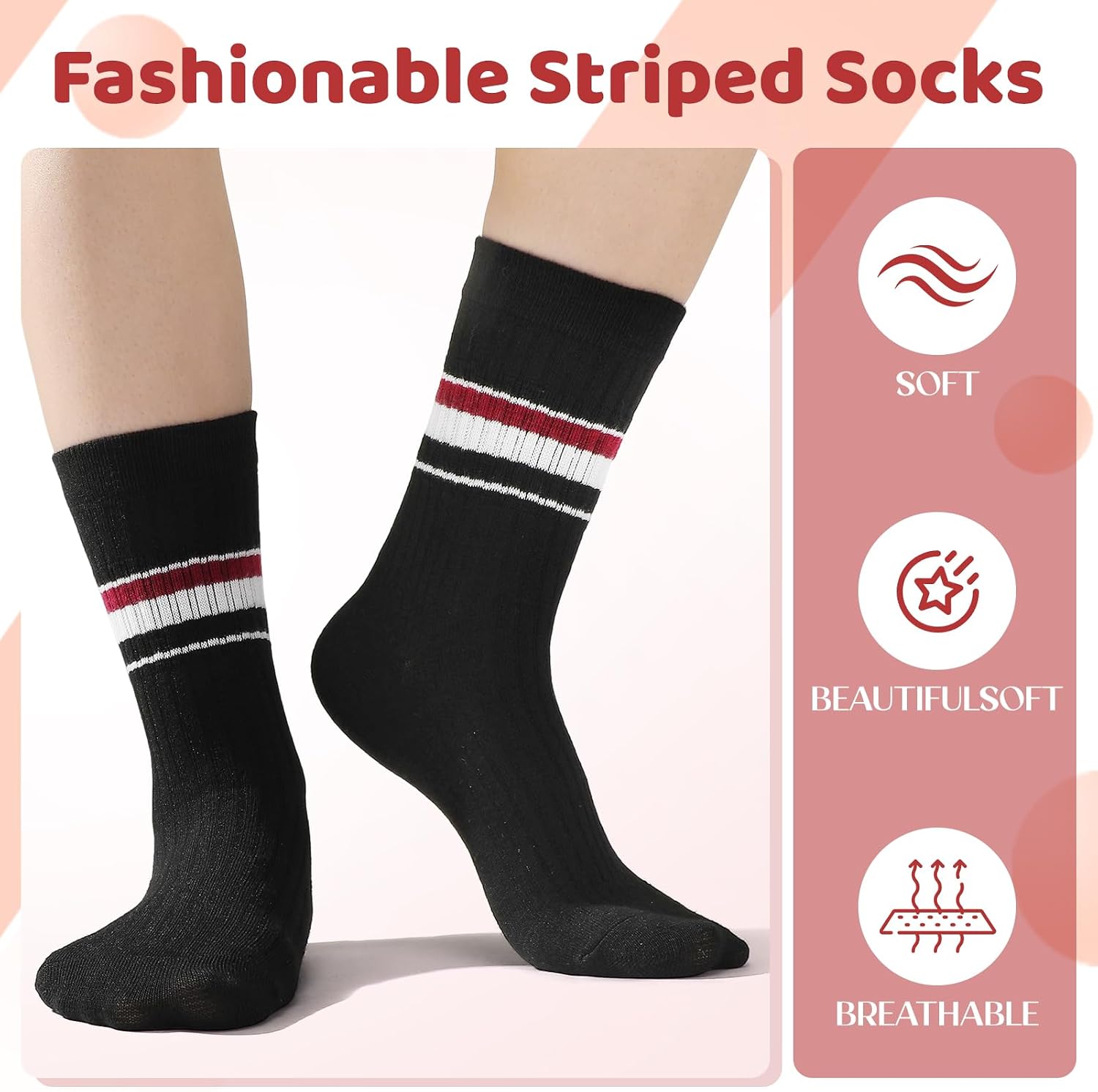 6 Pairs Striped Crew Socks for Women's Retro Novelty Seamless Socks Athletic Running Socks for Sport