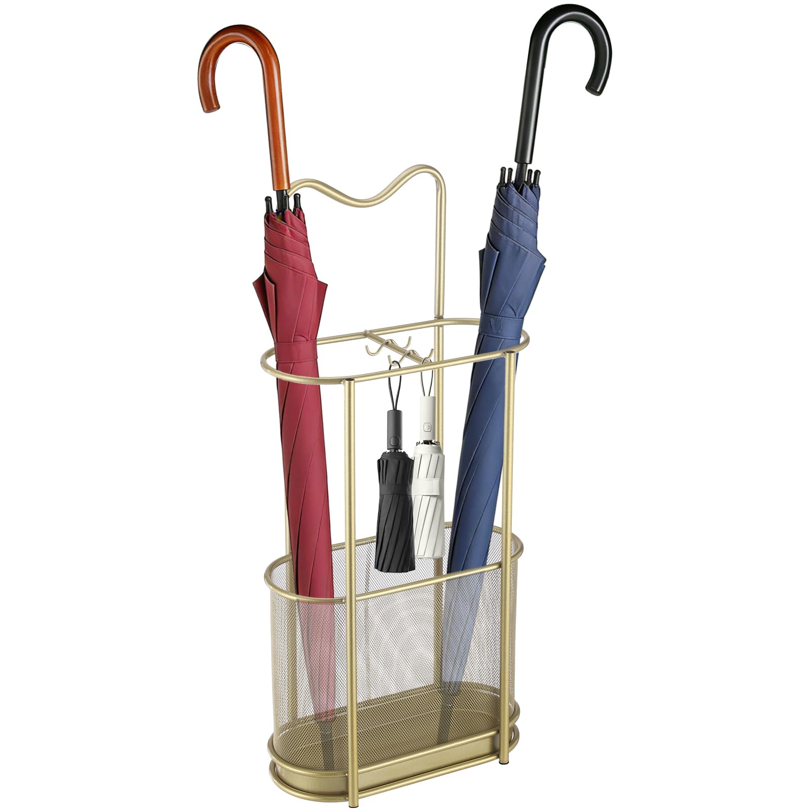 Epicover Metal Umbrella Stand, Umbrella Holder with Drip Tray and Hooks, Gold Walking Stick Stand for Entryway Hallway Hotel Lobby Office, 11.8 x 5.9 x 23.6 Inch