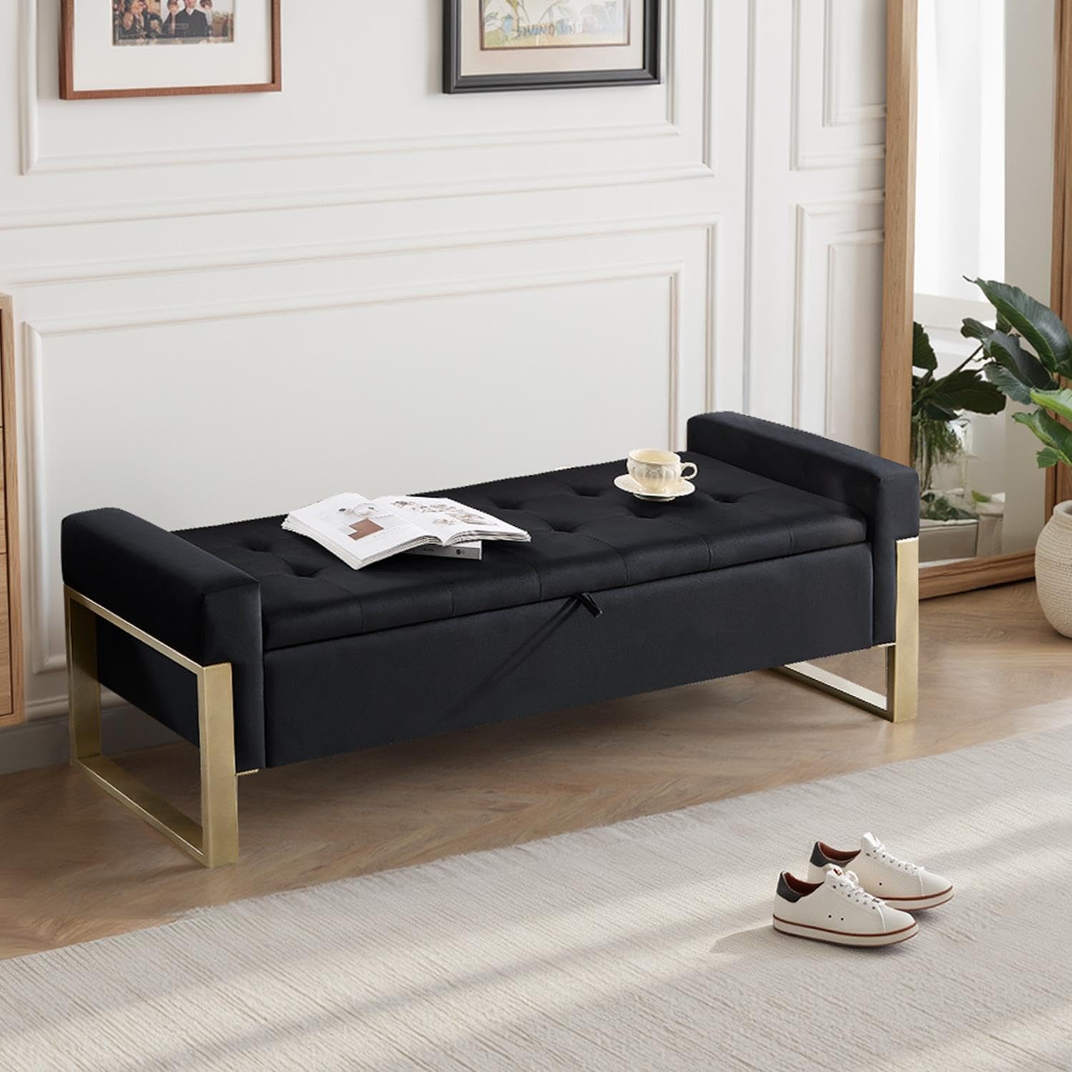 End of Bed Storage Bench, 67'' Benches for Bedroom Foot of Bed King Size, Upholstered Velvet Tufted Storage Ottoman Bench with Gold Legs for Window Living Room Entryway, Black