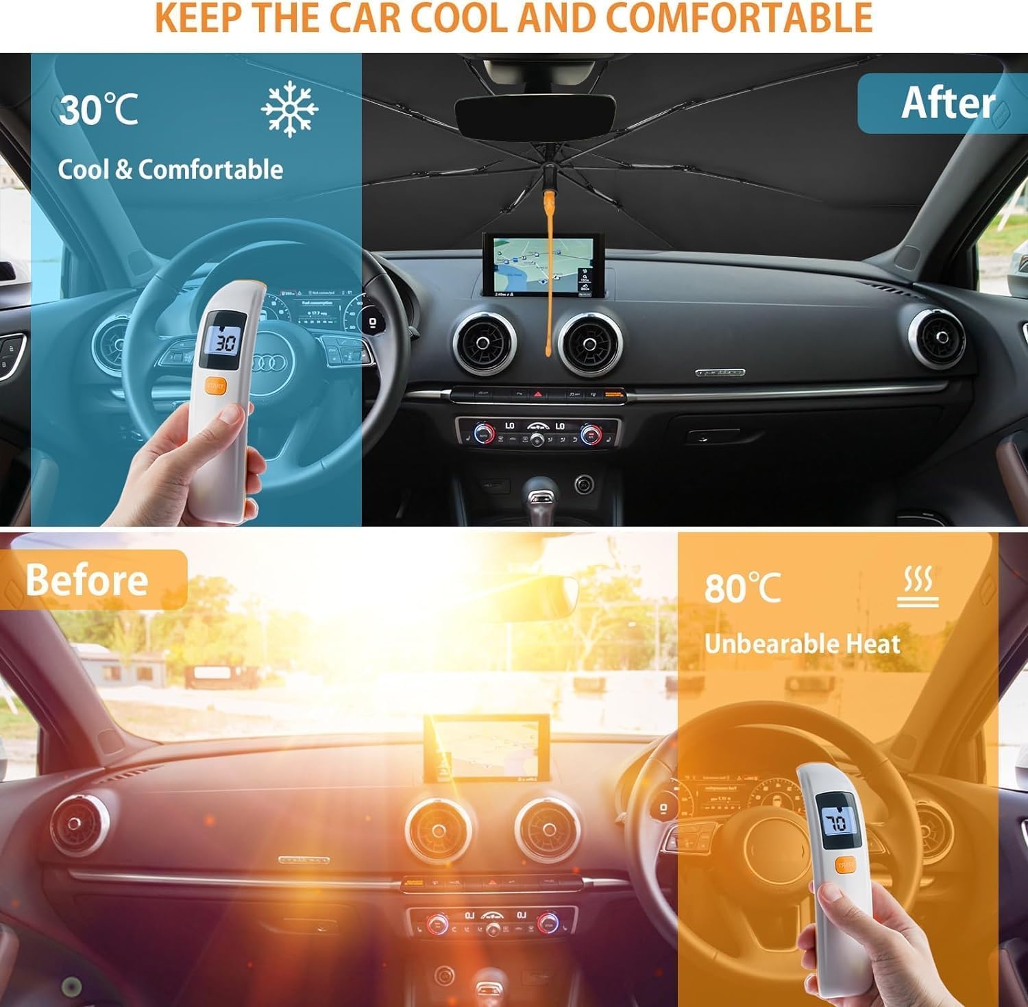 SQUADO - Ombrello Parasole Auto, Pieghevole, Protegge il Cruscotto, Copriparabrezza Schermo Raggi UV, Anti Caldo, Universale per Tutti i Tipi di Auto