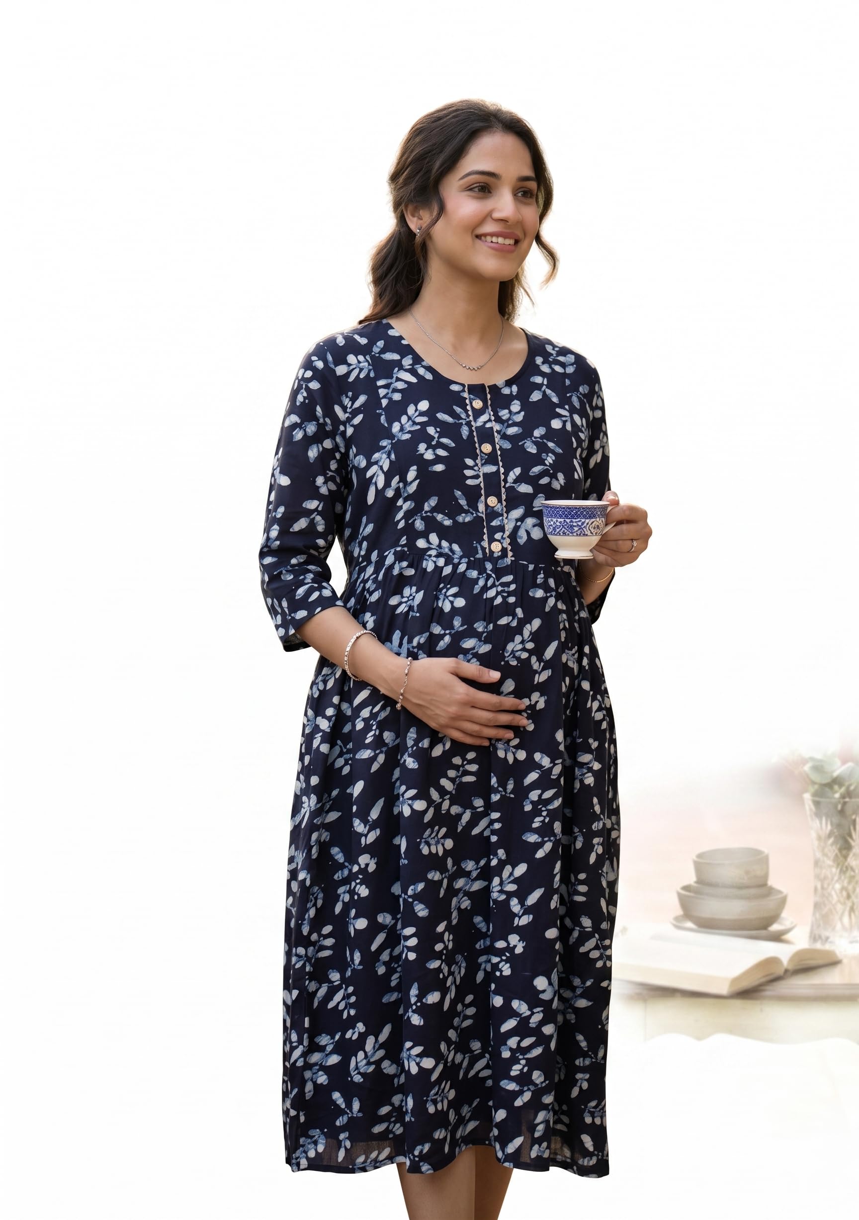 Maternity Navy Blue Leaf Print Maternity Dress, 3/4 Sleeves, Nursing Friendly, Midi Length-image-45