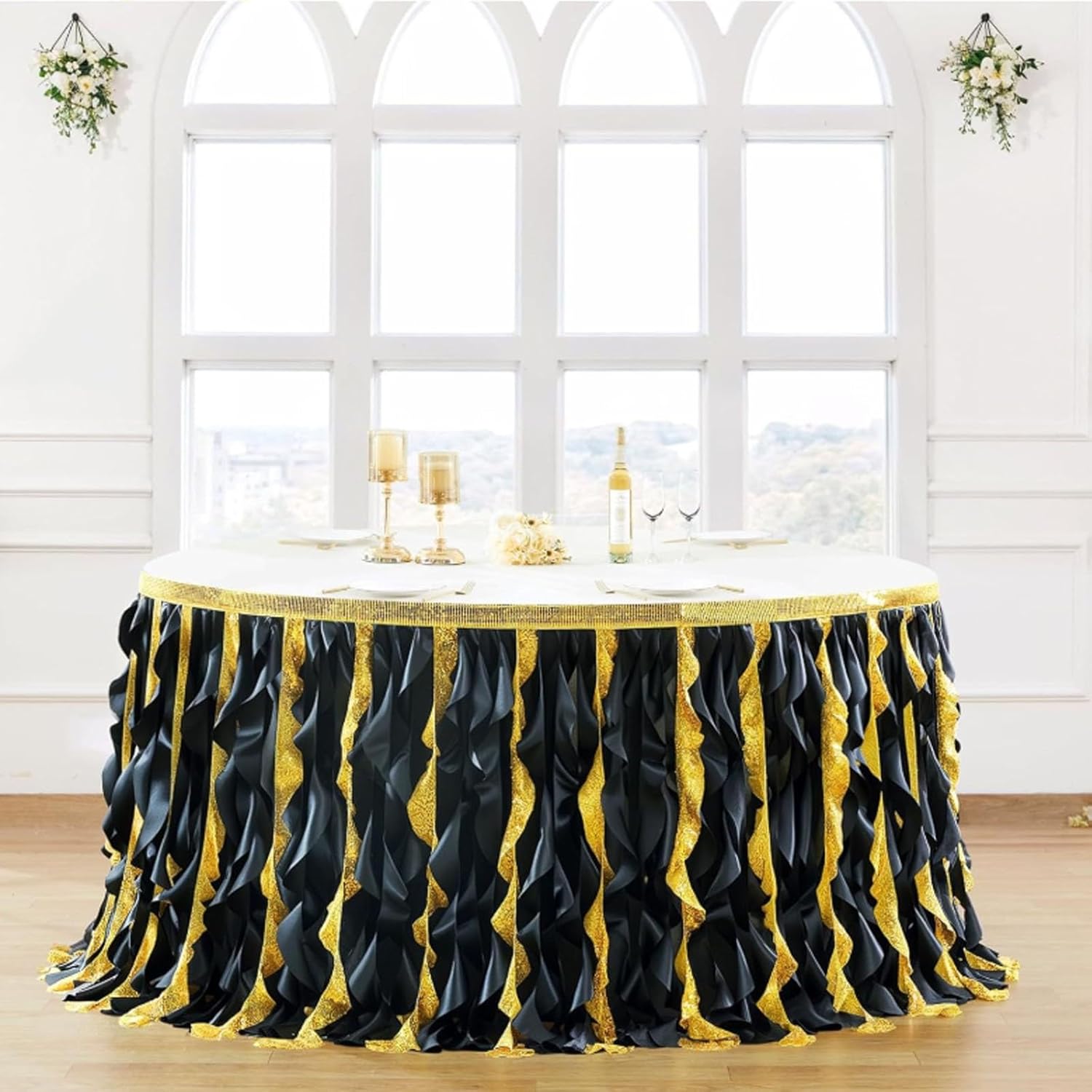 14 Ft Black Gold Sequin Table Skirt for Rectangle Tables, Ruffle Curly Willow Table Skirts,Tulle Desk Skirt for Party, Banquet, Wedding, Prom(Black,4.27 m/168 in)