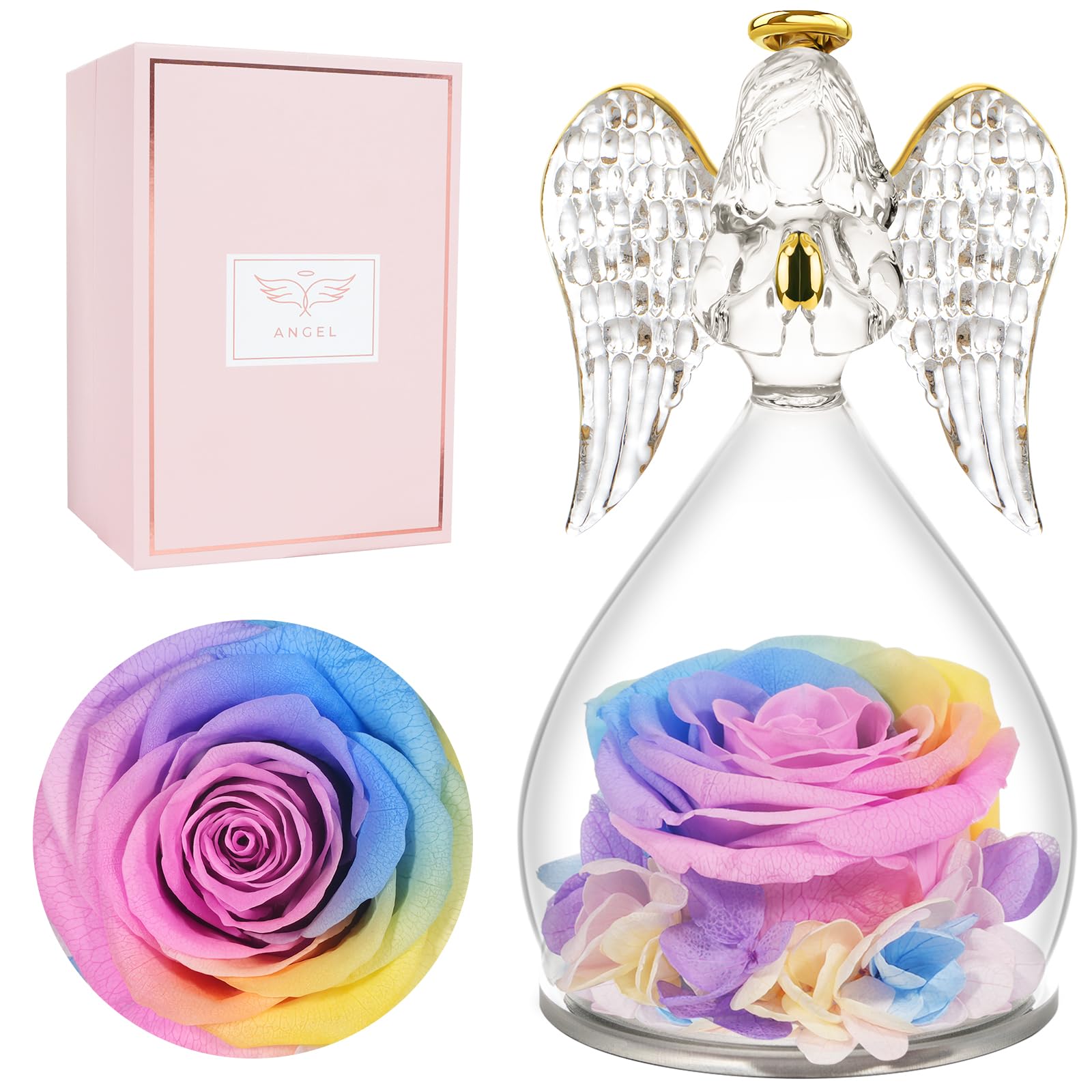 Miofula Gifts for Mom Birthday Gifts for Women, Preserved Flowers Rose in Glass Angel Figurines, Fresh Flowers for Delivery Anniversary Forever Real Roses Gifts for Mothers Grandma Her Wife Girlfriend