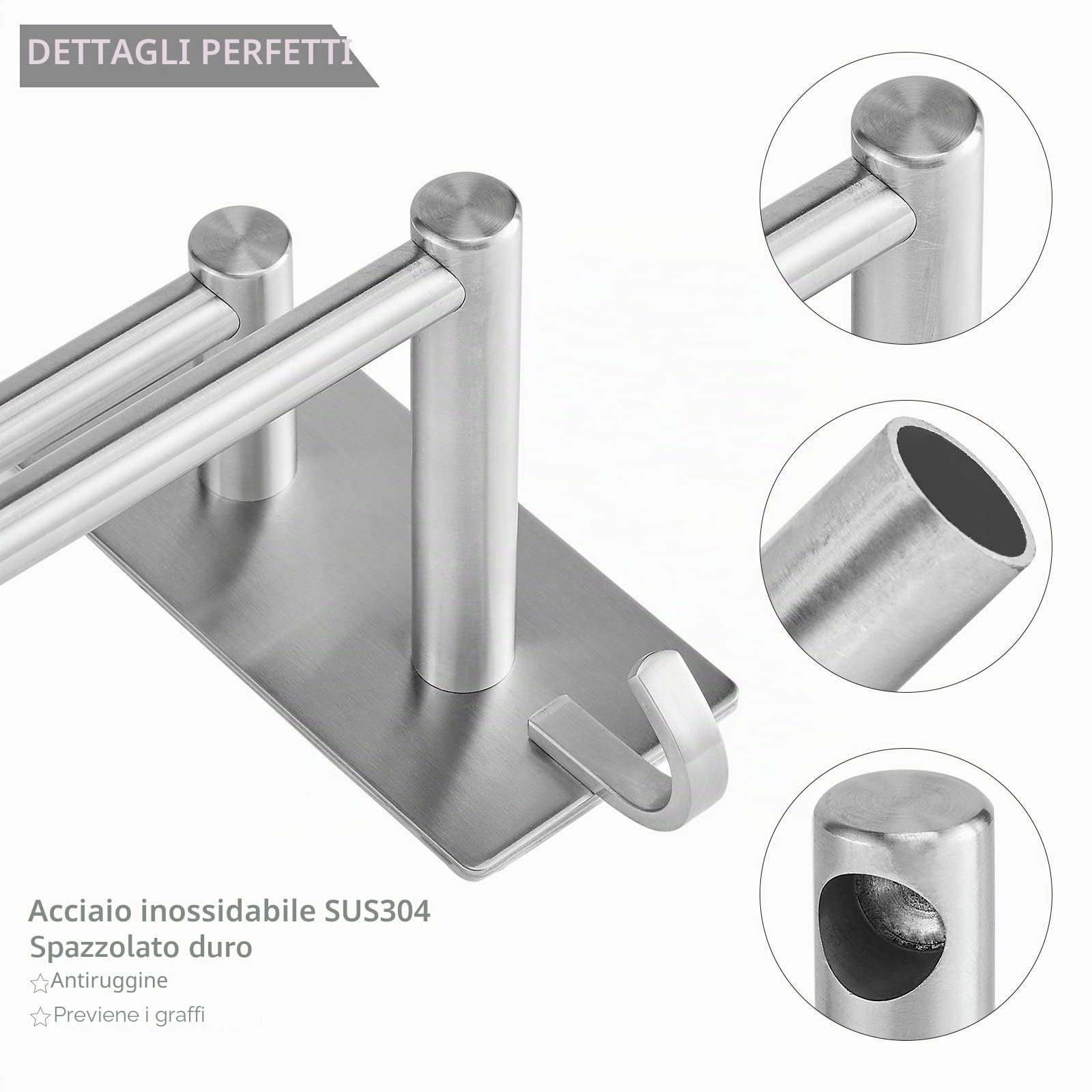 Vista Porta Asciugamani Bagno Adesivo Senza Forare,Porta Strofinacci Cucina 2 Aste Con Ganci,Acciaio Inox 304,43,5CM Argento Cucina Bagno