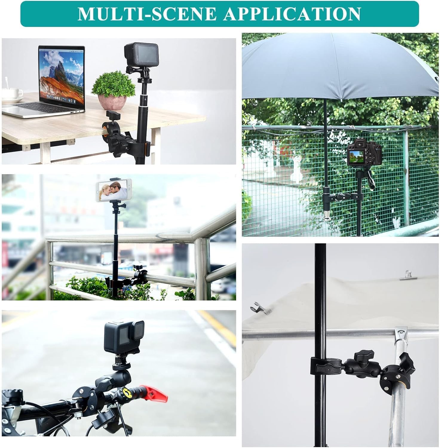 UNSTINCER 3 in 1 Supporto Action Camera per tubo 15-44mm, Super Morsetto 1/4"-20 Vite e adatta per Gopro, Attacco per DJI Insta360 ombrello treppiede bici moto manubrio,Doppia Staffa a Clip Porta