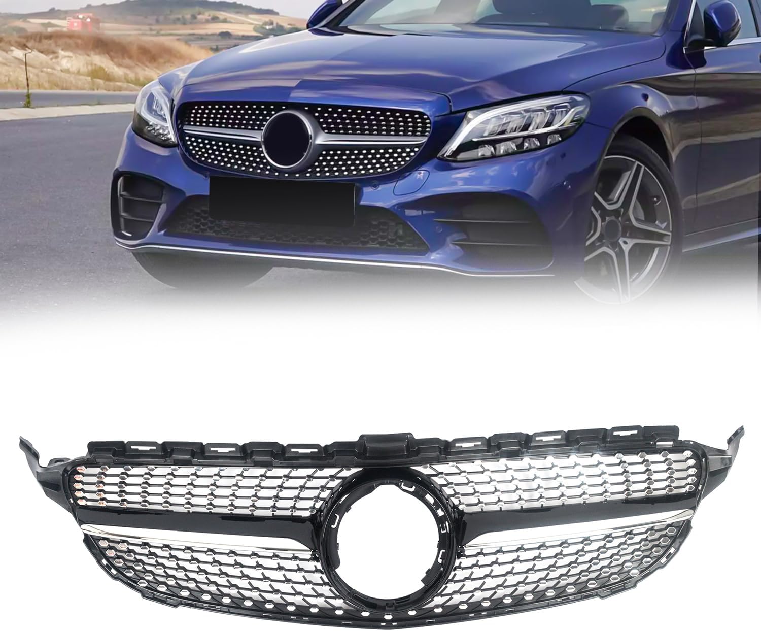 Front Honeycomb Bumper Grille Grill Compatible with 2019-2021 Mercedes Benz W205 C-CLASS Facelift C200 C300 Replacement for 22995179 GM1200676C