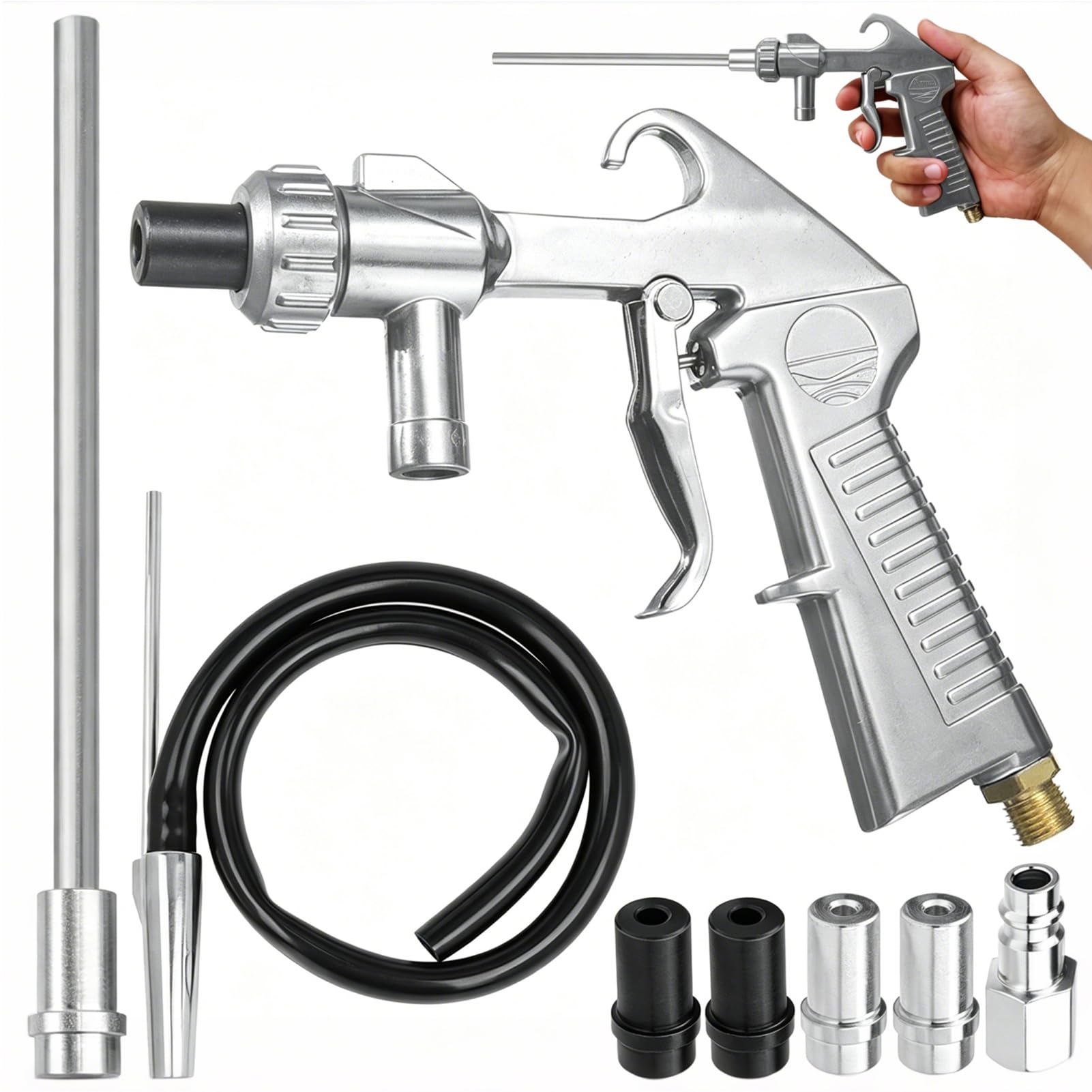Kit de Pistolet de Sablage Air Comprimé avec une Buse de Sablage Longue et Buses Métalliques de Calibre 5MM/6MM, Tuyau en Caoutchouc de 1M de Long et Embout de Connexion à l'air pour le Sablage