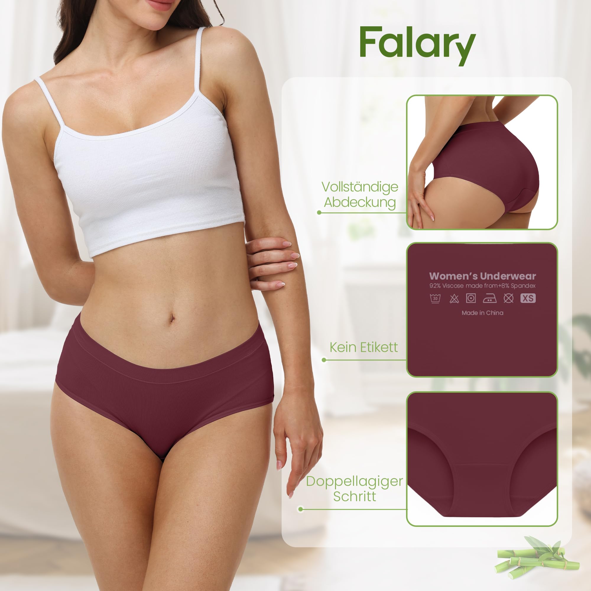 FALARY Bambus Unterhosen Damen,Weichheit Seidenweich Mittlere Taille Unterwäsche Frauen,Atmungsaktiv und Stretch Damenslips,Feuchtigkeitsableitend Hipster 5er Pack