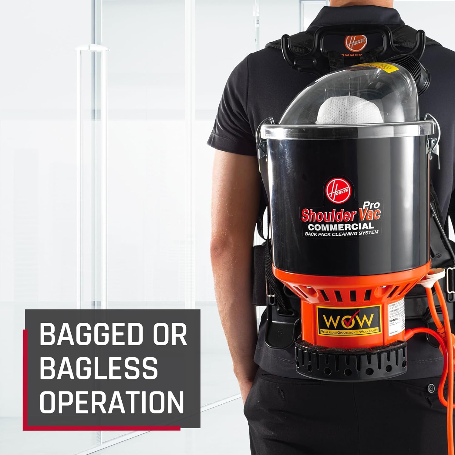 Commercial backpack vacuum offers bagged or bagless operation