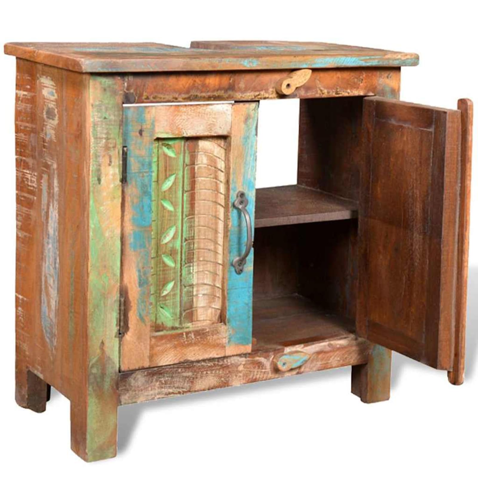 Meble łazienkowe, szafka pod umywalkę z lustrem – styl vintage, lite drewno z recyklingu, 60 x 30 x 60 cm + 45 x 55 cm, 1 zestaw do łazienki