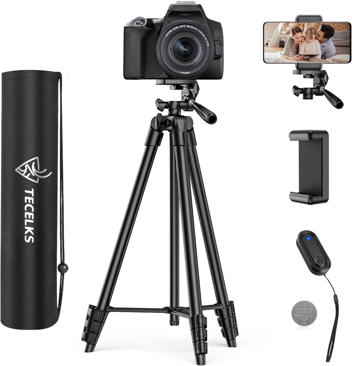 Lightweight Tripod 55-Inch/135cm, Video/Phone/Light Camera Tripod Stand with Wireless Remote Shutter, Phone Clip, Carry Bag for Travel/YouTube Video/Photography/Vlog, Compatible with iOS & Android