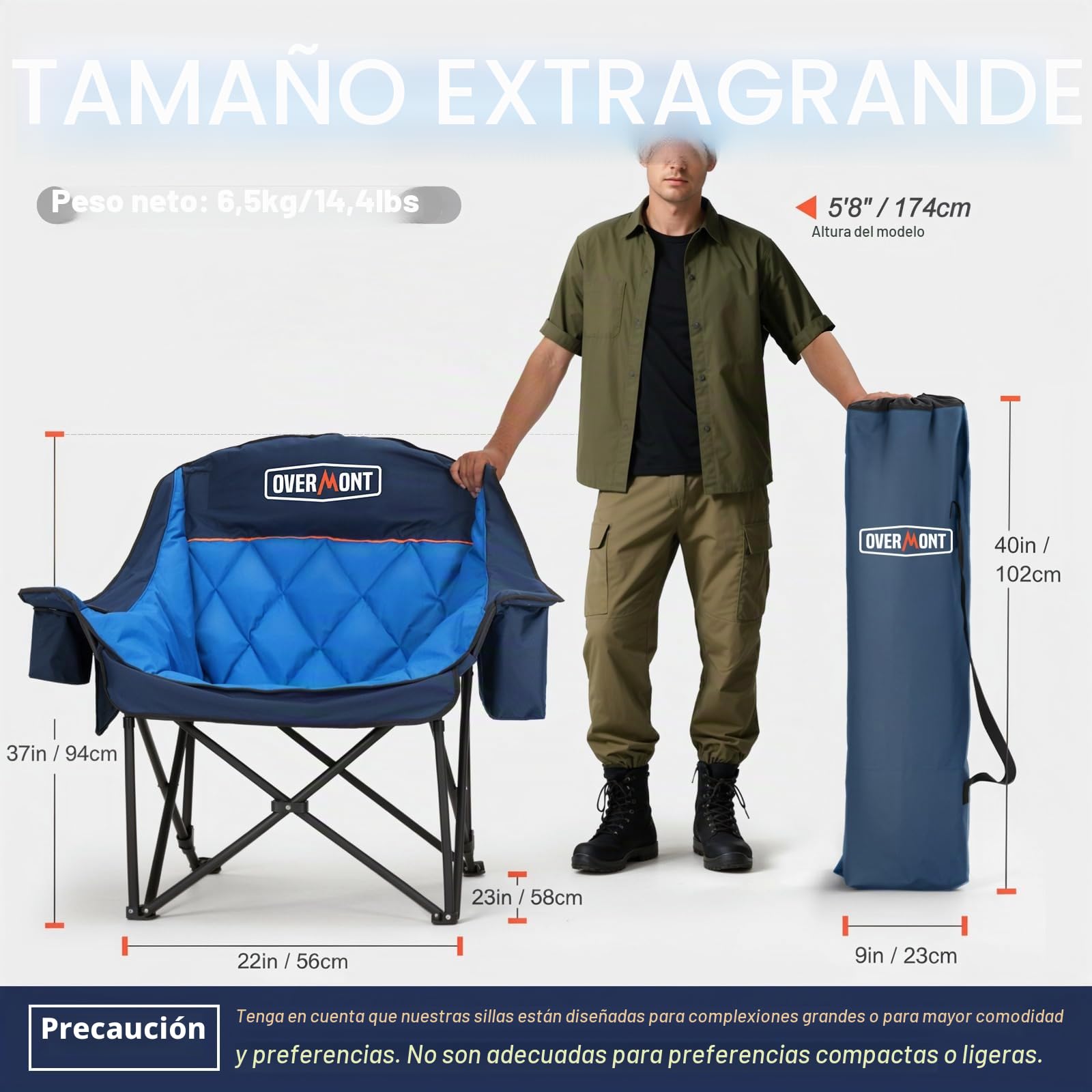 OVERMONT Silla de Camping Plegable Grande 204kg - Silla de Pesca Acolchada Resistente con Bolsa Térmica Portavasos - Sillas Portátil para Exterior Acampada Jardín Playa Pesca Azul