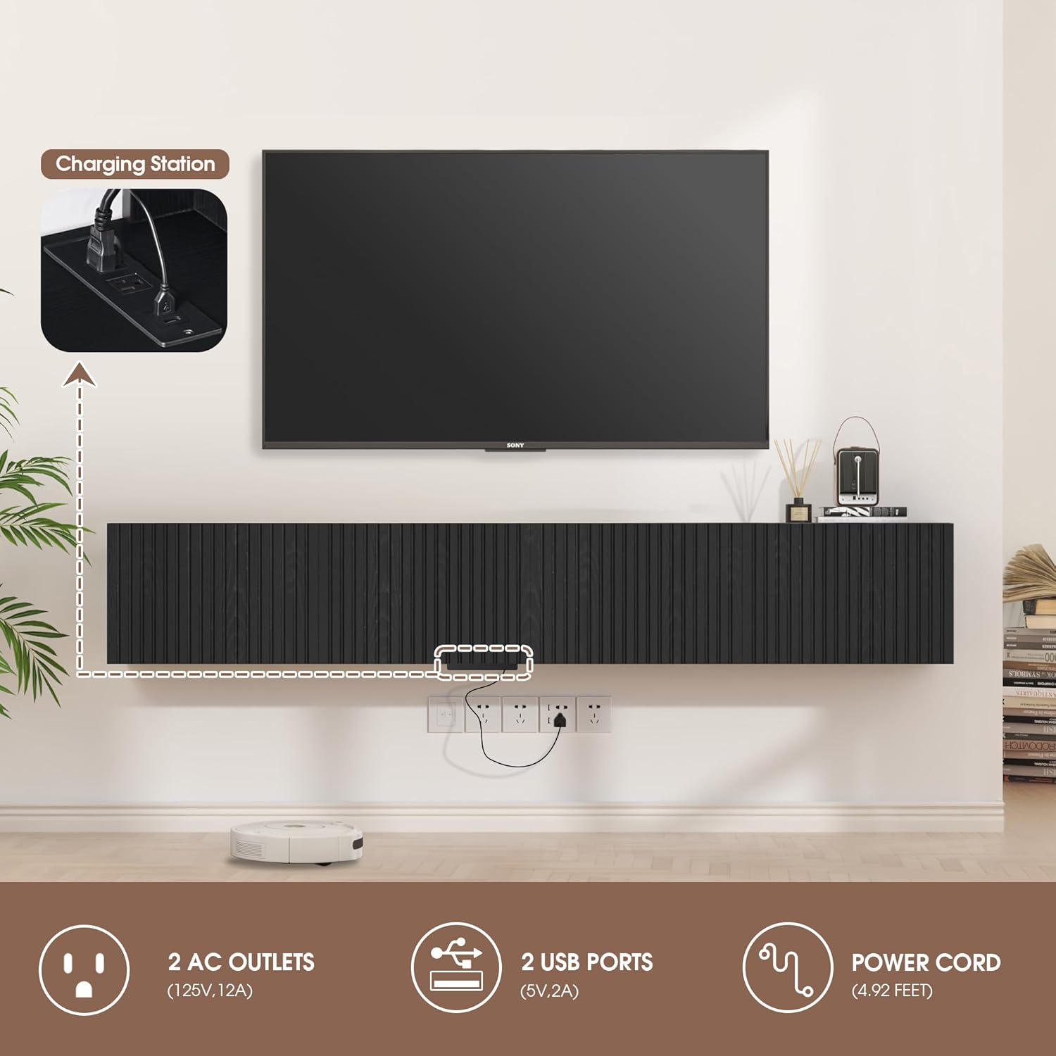 71” Floating TV Stand with LED Lights & Charging Station, Black Wall Mounted Entertainment Center for 75 Inch TV, Floating Media Console Shelf with 4 Flip-Down Fluted Doors for Living Room, Bedroom